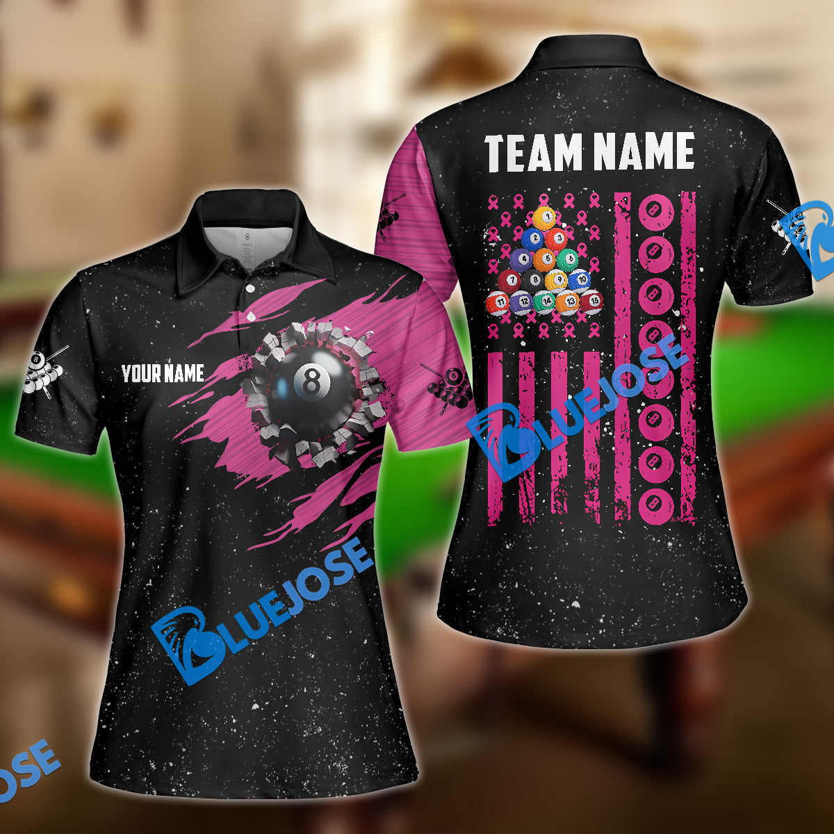 BlueJose Billiards Breast Cancer Awareness Black American Flag Customized Name 3D Shirts