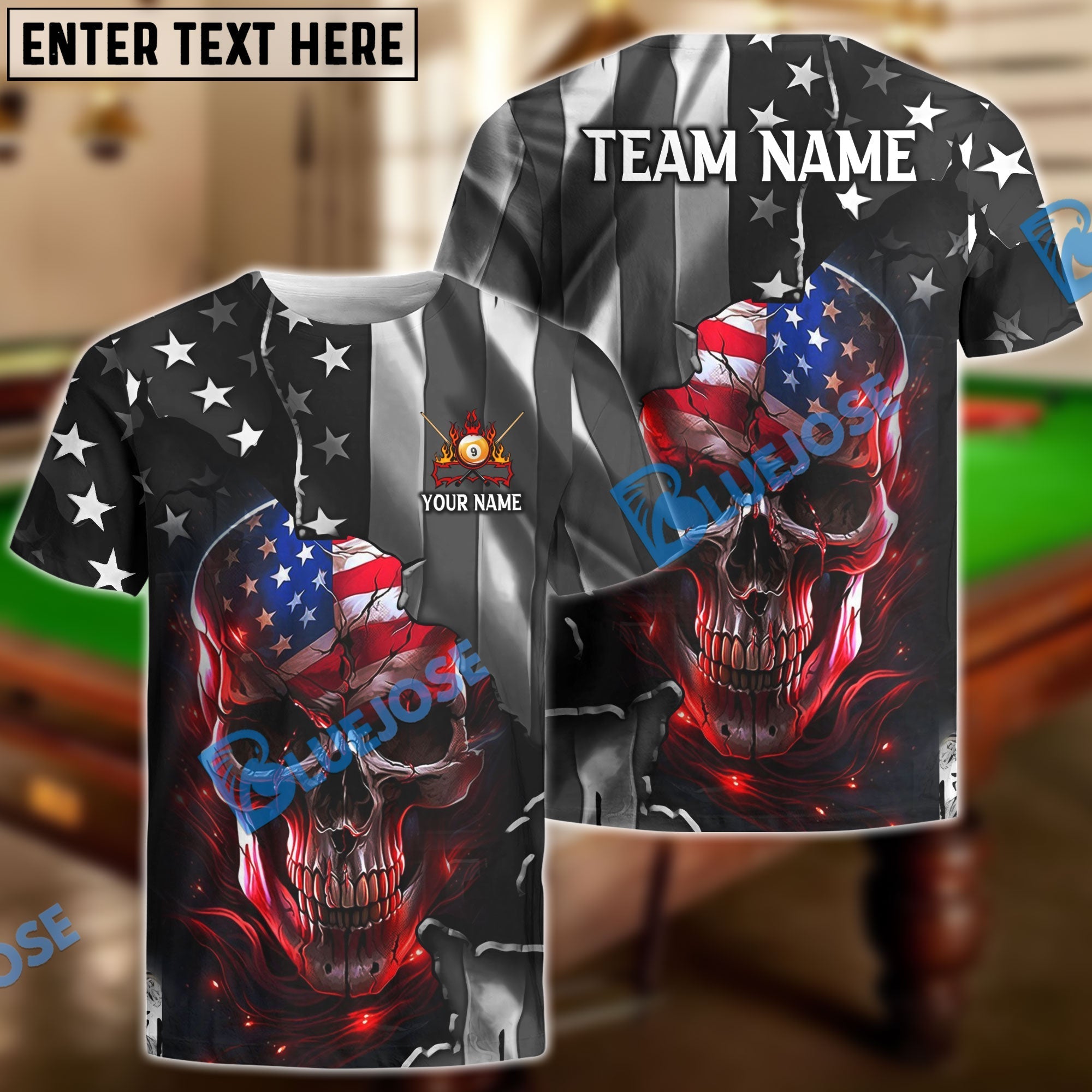 BlueJose Billiard Ball 9 American Skull Metal Art Personalized Name, Team Name Unisex Shirt