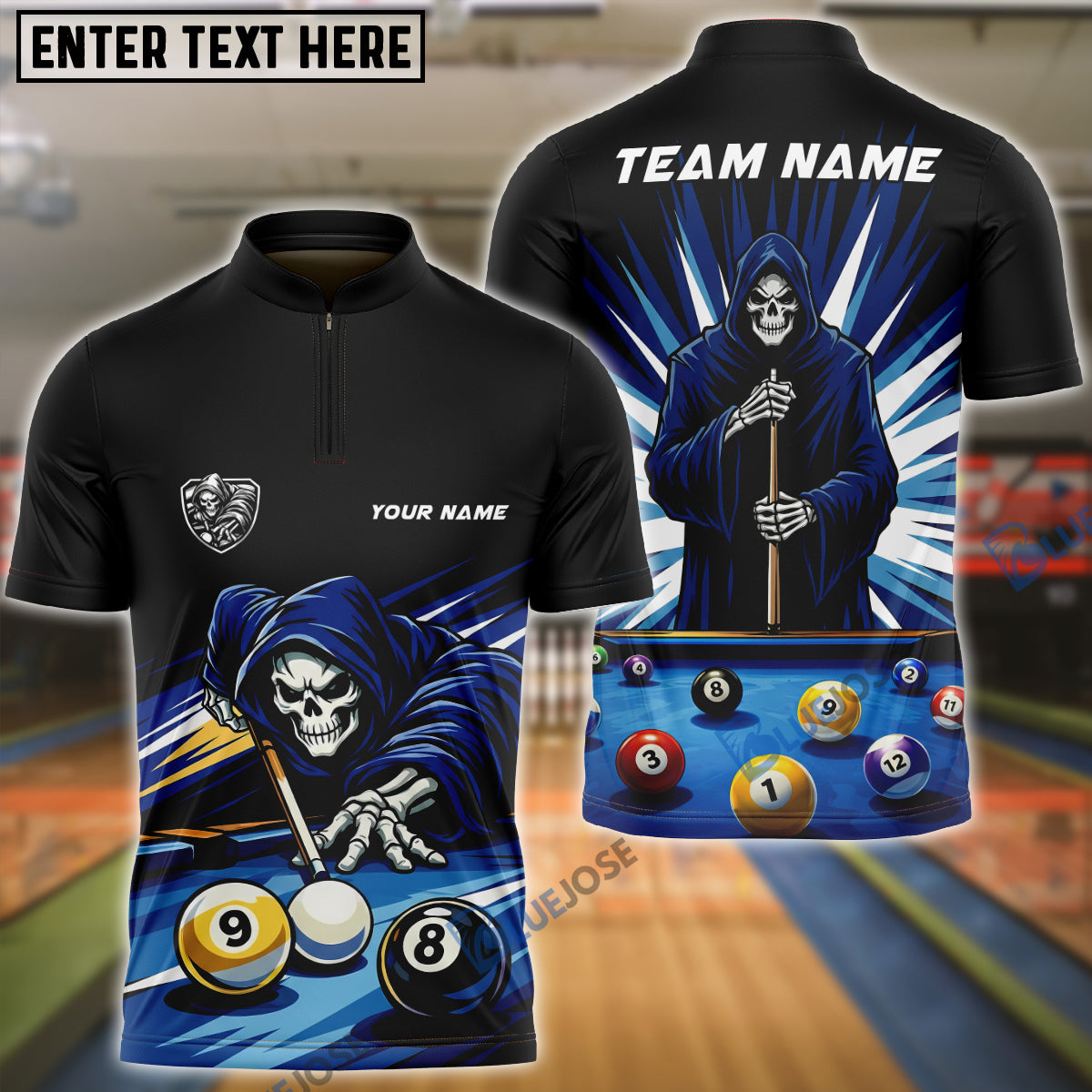 BlueJose Billiards 8 Ball 9 Ball Reaper Cue Master Customized Name, Team Name 3D Shirt (6 Colors)