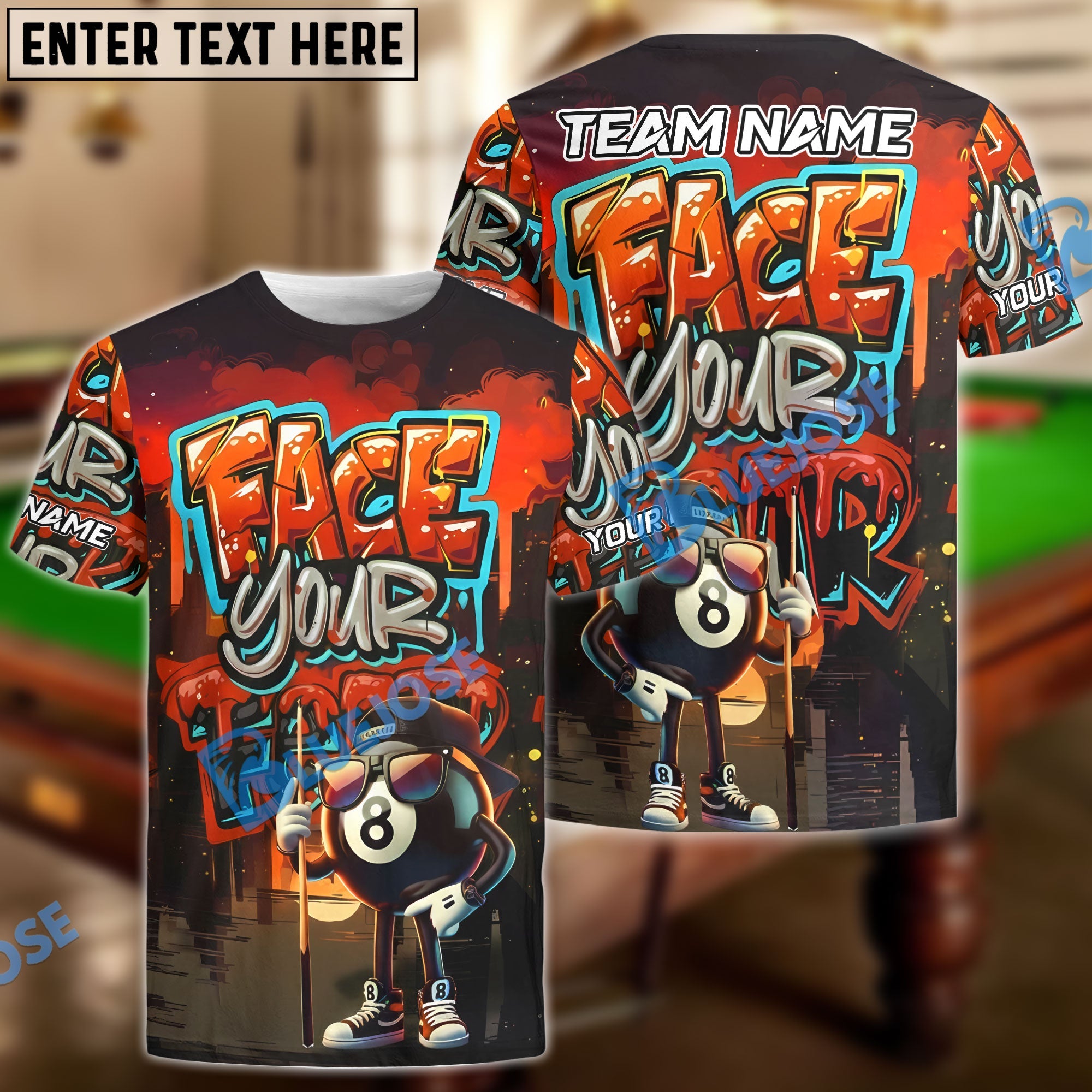 BlueJose Billiards 8 Ball Graffiti Street Art Face Your Fear Style Personalized Name, Team Name Unisex Shirt (4 Colors)