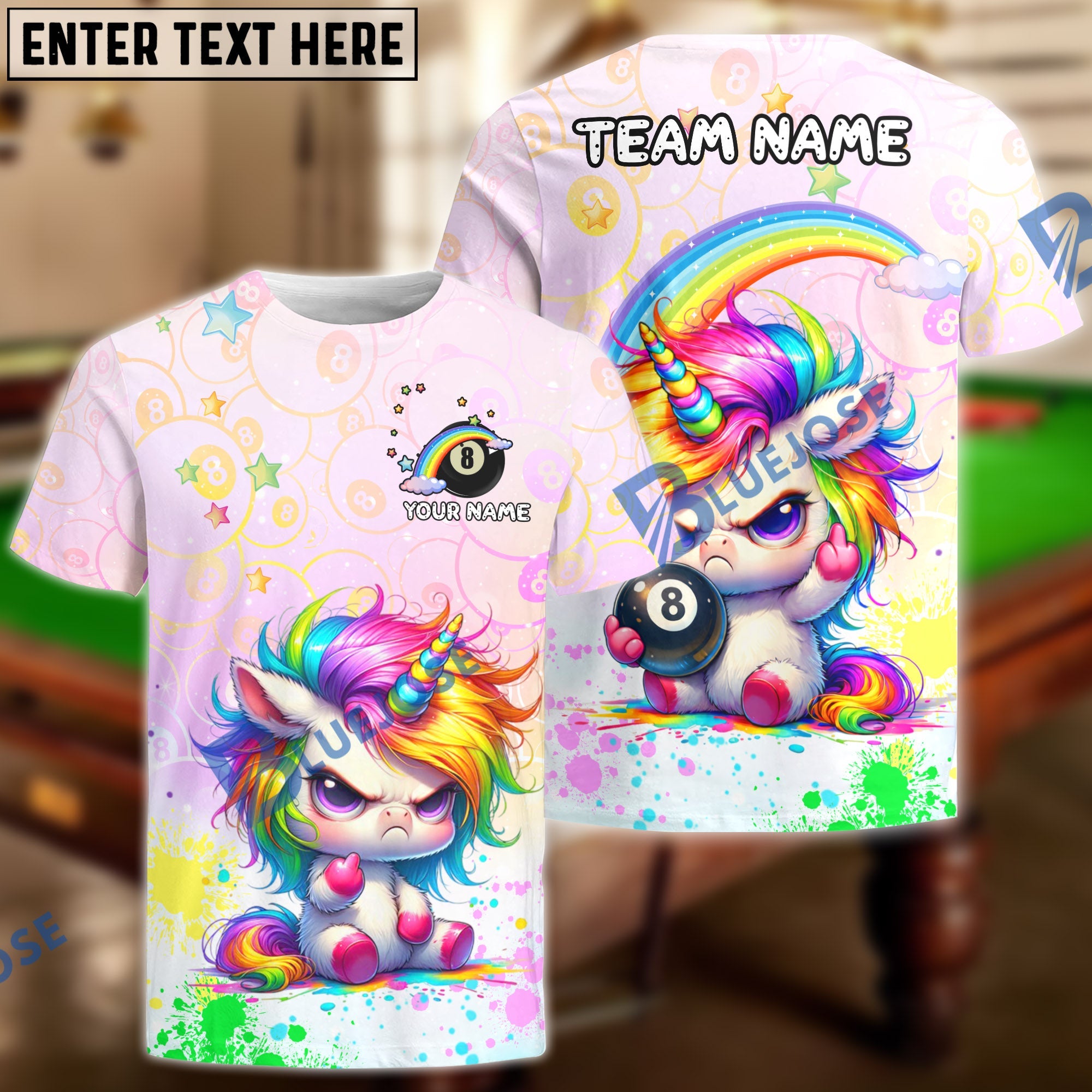 BlueJose Billiards Cute Angry Unicorn Rainbow 8 Ball Personalized Shirt