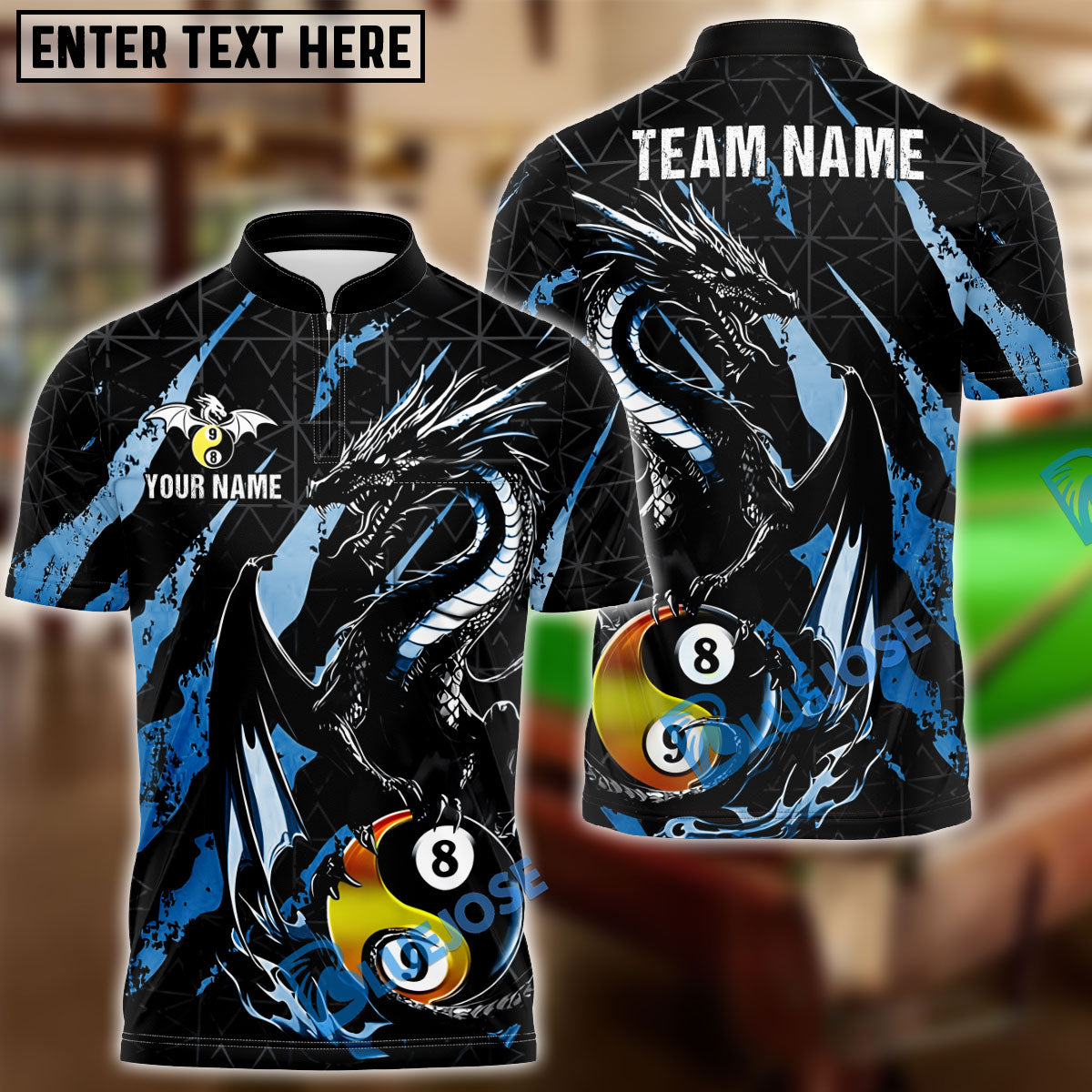 BlueJose Billiards Ball 8&9 Yinyang Golden Fury Dragon Personalized Name Shirt (4 Colors)
