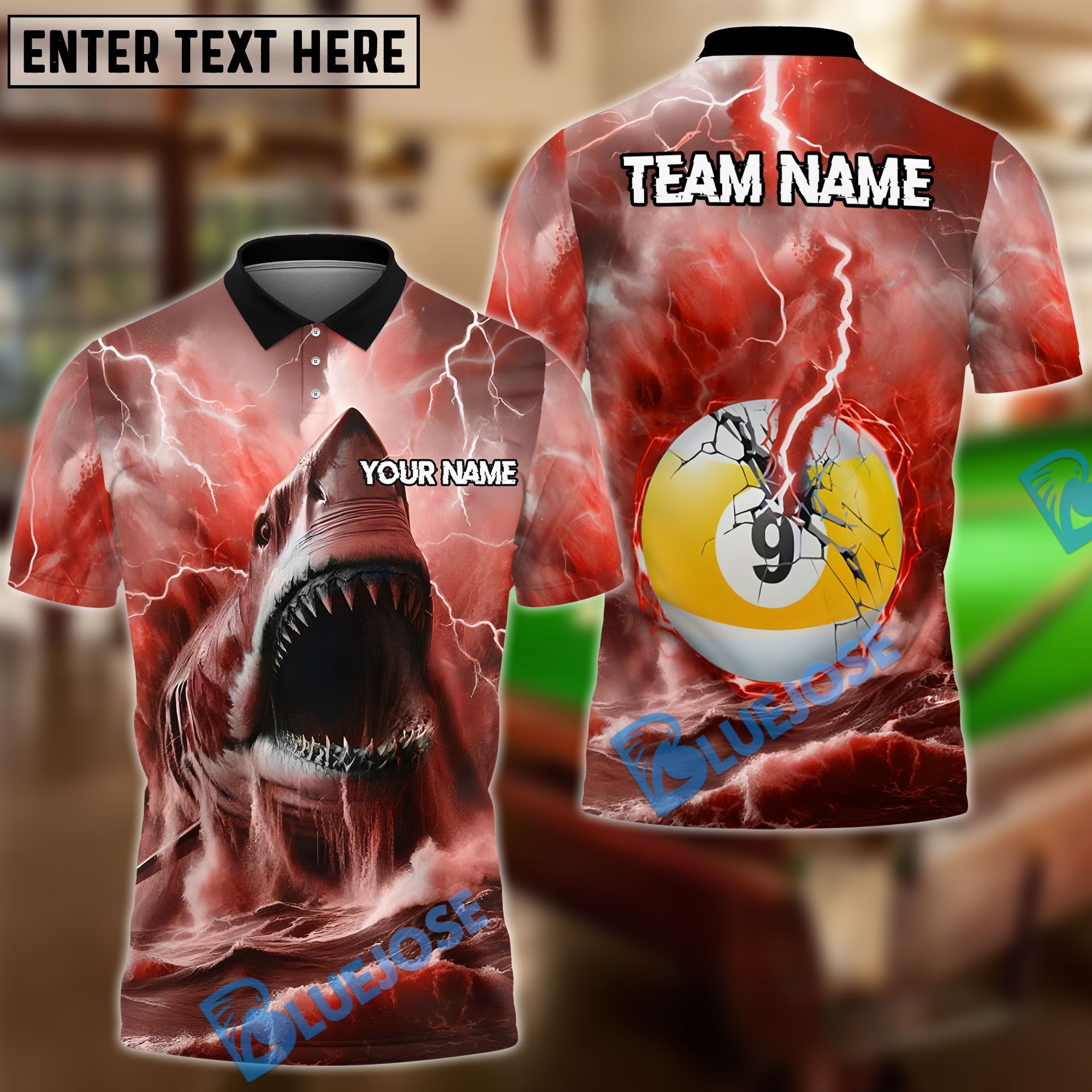 BlueJose Billiards 9 Ball Shark and Lightning Personalized Name, Team Name Unisex Shirt (4 Colors)