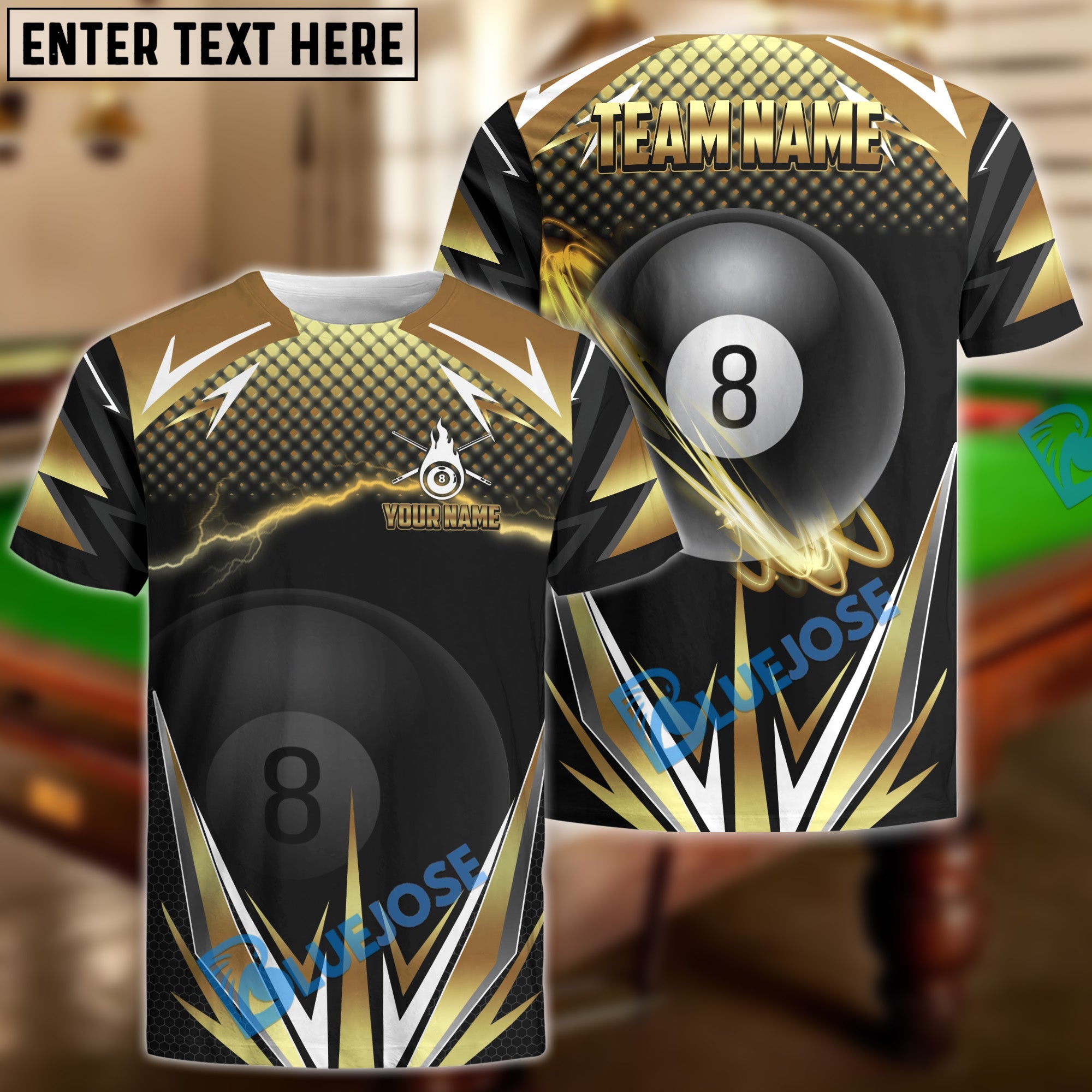 BlueJose Billiards Golden Lightning Blast 8-Ball Pool Personalized Name Shirt (4 Colors)