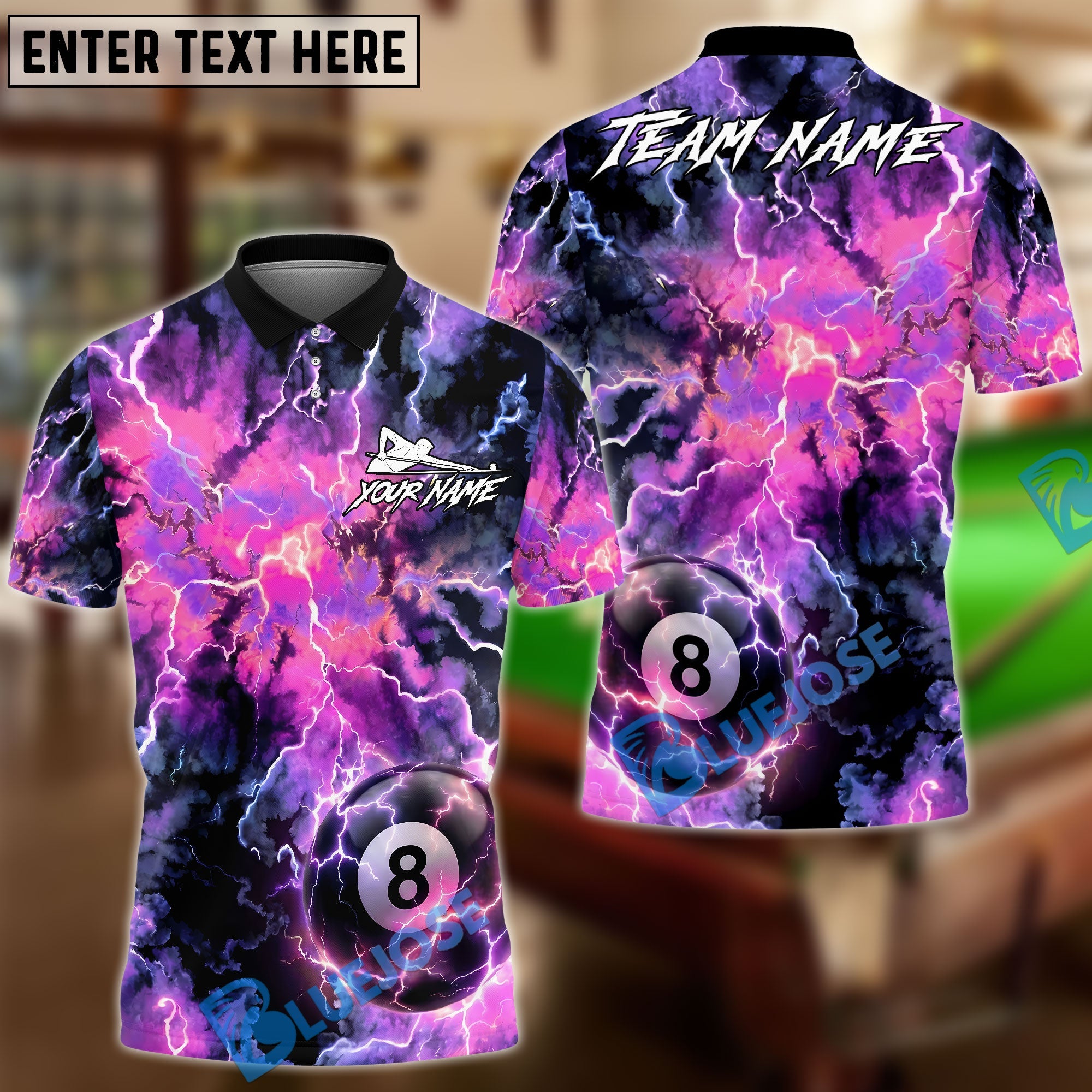 BlueJose Billiards 8-Ball Lightning Storm Personalized Name, Team Name Unisex Shirt (6 Colors)