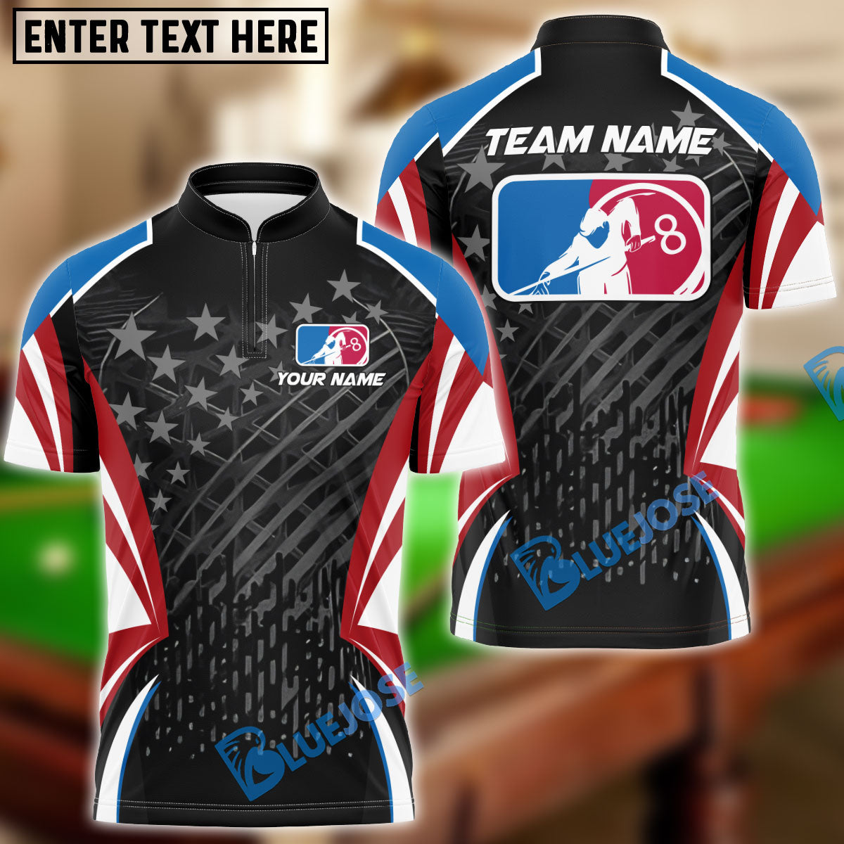 BlueJose Billiards 8 ball & 9 Ball National Billiards America Personalized Name, Team Name Shirt (2 Colors)