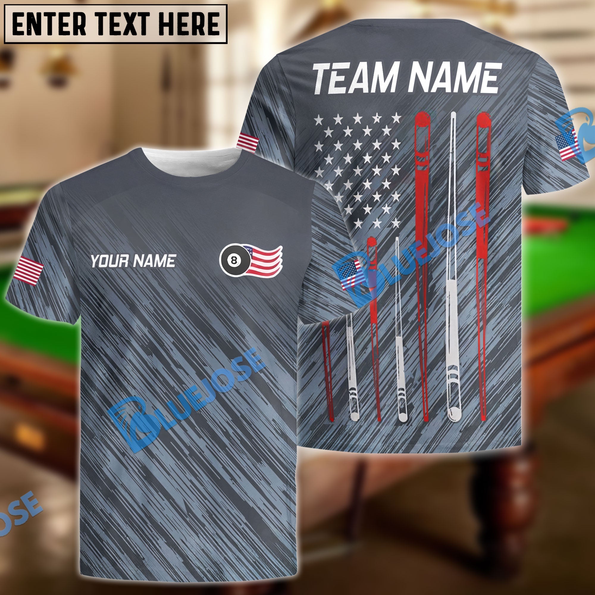 BlueJose Billiards Ball 8 American Flag and Pool Cues Customized Name, Team Name 3D Shirt