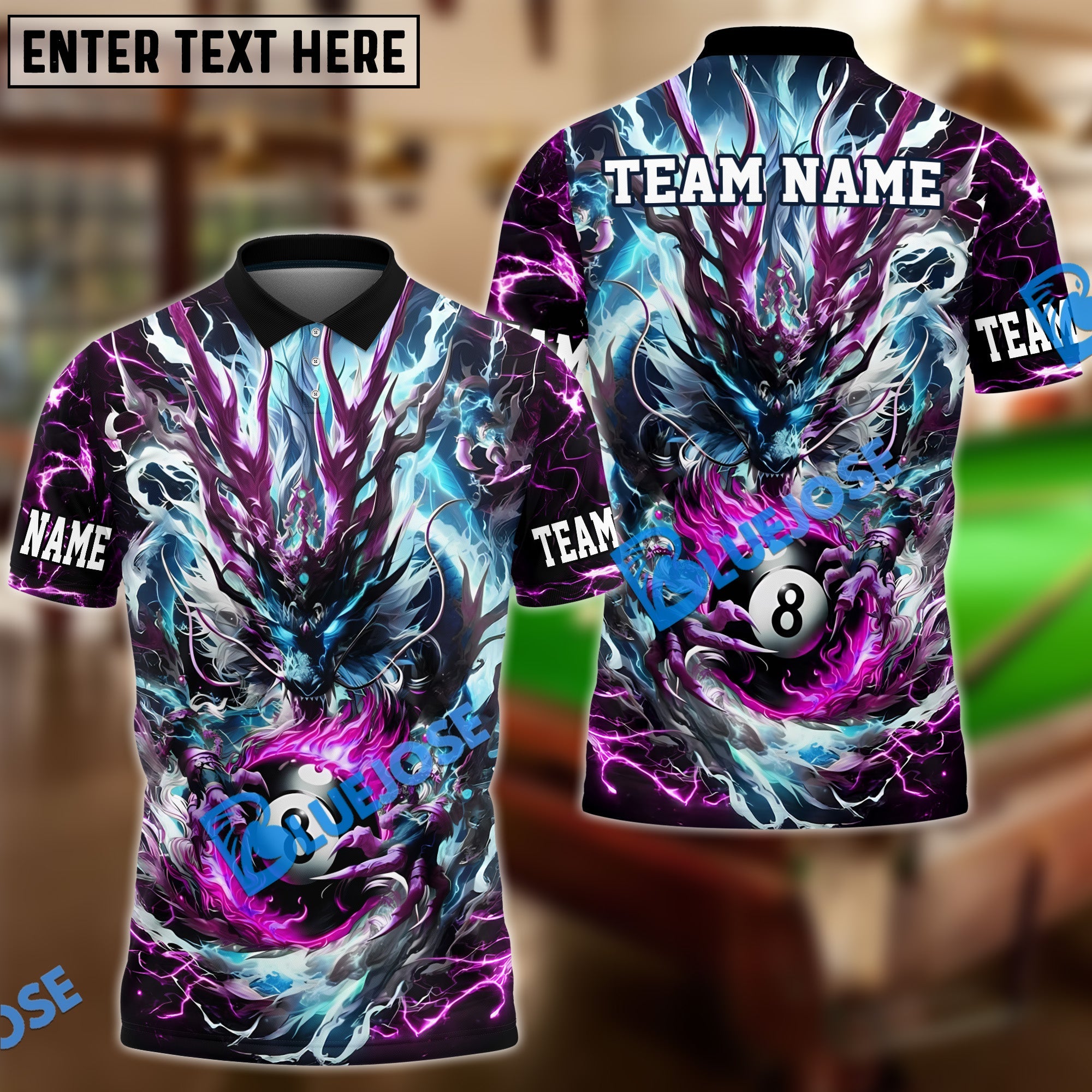 BlueJose Billiards Ball 8 Mystic Storm Dragon Personalized Name Shirt (4 Colors)