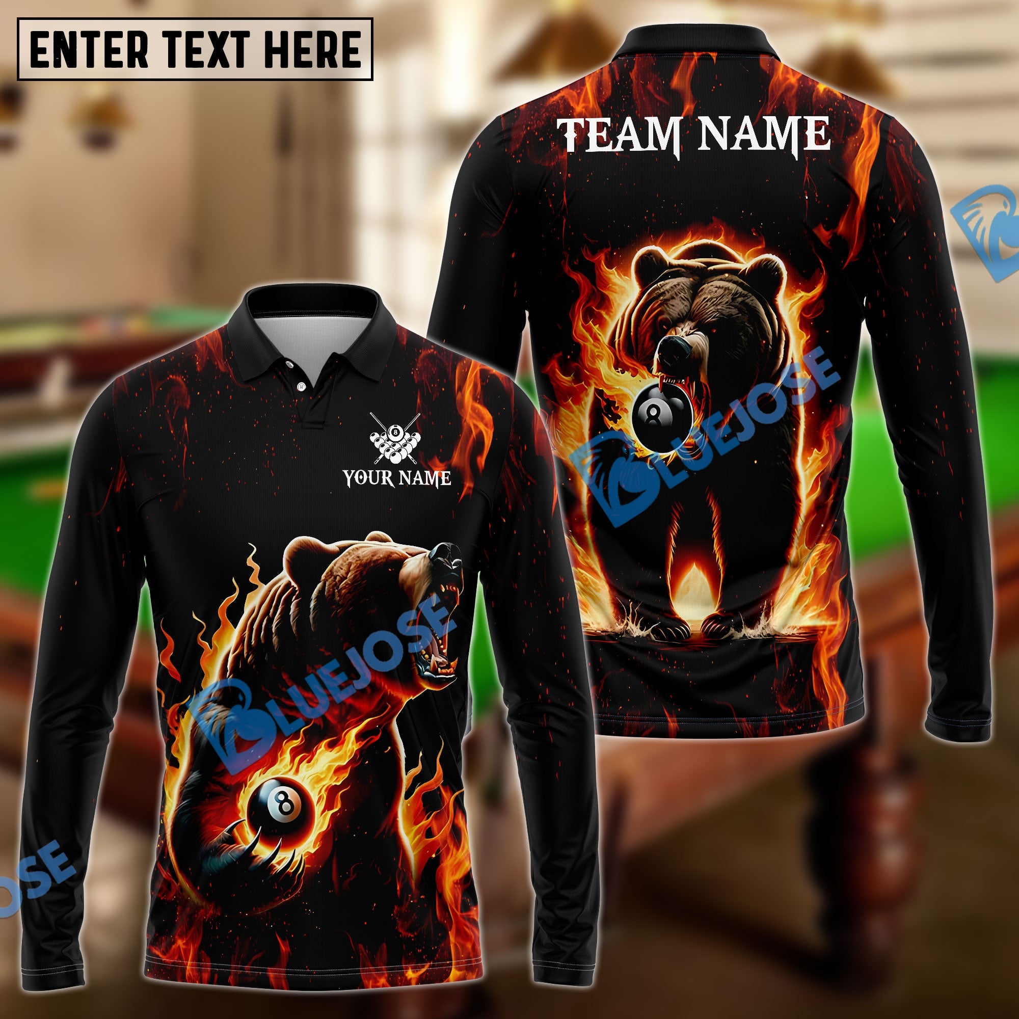 BlueJose Billiards Ball 8 & Ball 9 Flame Bear Personalized Name, Team Name 3D Shirt