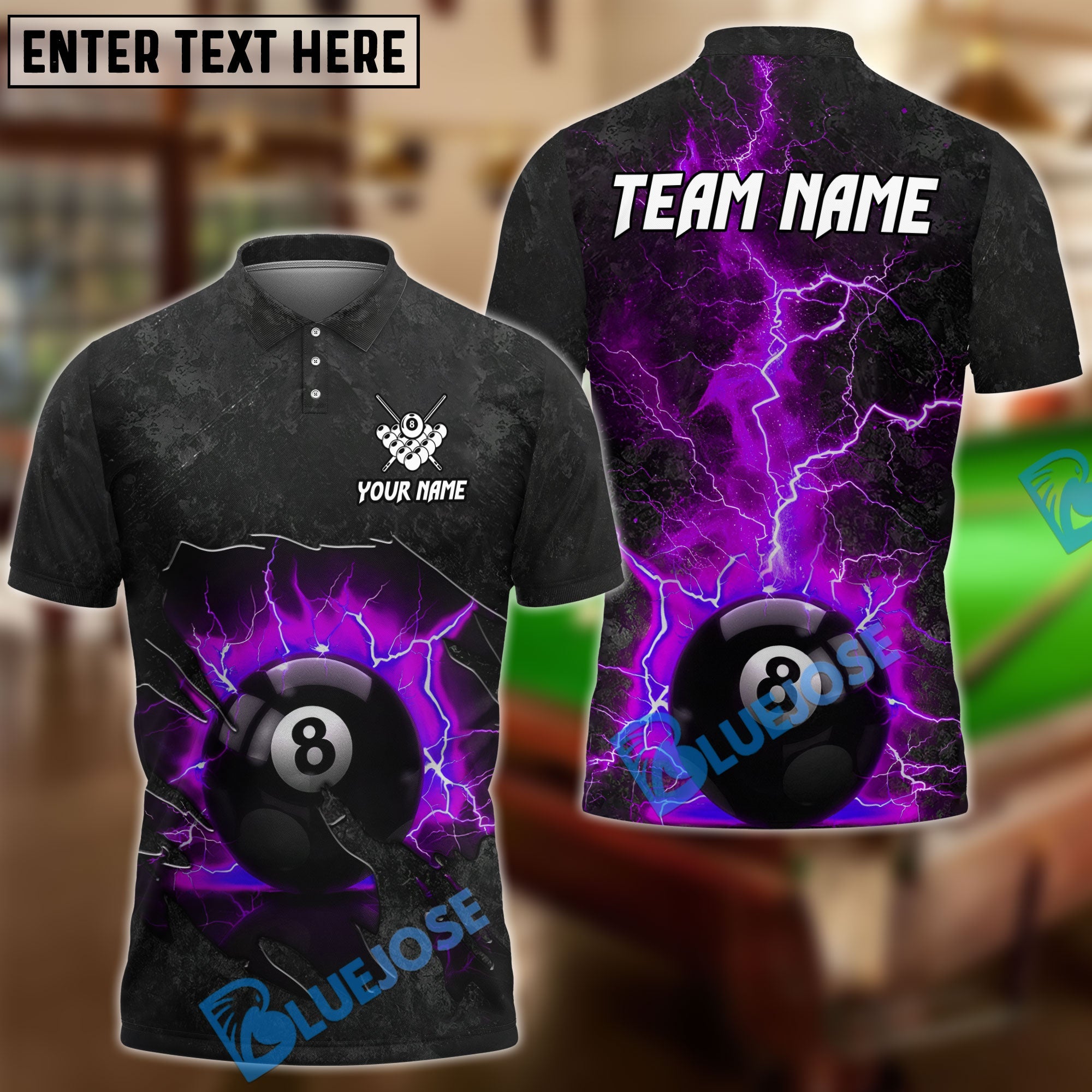 BlueJose Billiards Ball 8 Pool Thunder Lightning Personalized Name, Team Name Unisex Shirt (4 Colors)