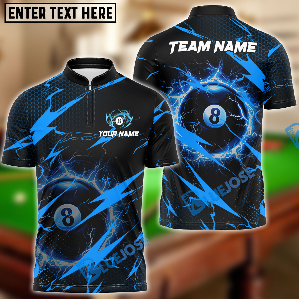 BlueJose Billiards Ball 8 Lightning Hexagon Pattern Personalized Name & Team Name Shirt (4 Colors)