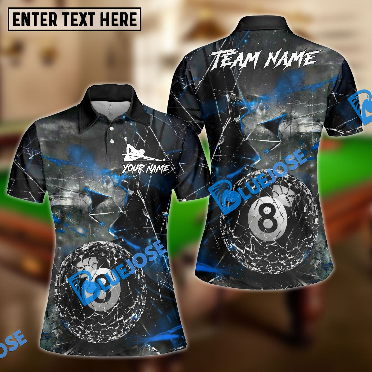 BlueJose Billiards Ball 8 Pool Shattered Glass Lightning Personalized Name, Team Name Unisex Shirt (4 Colors)