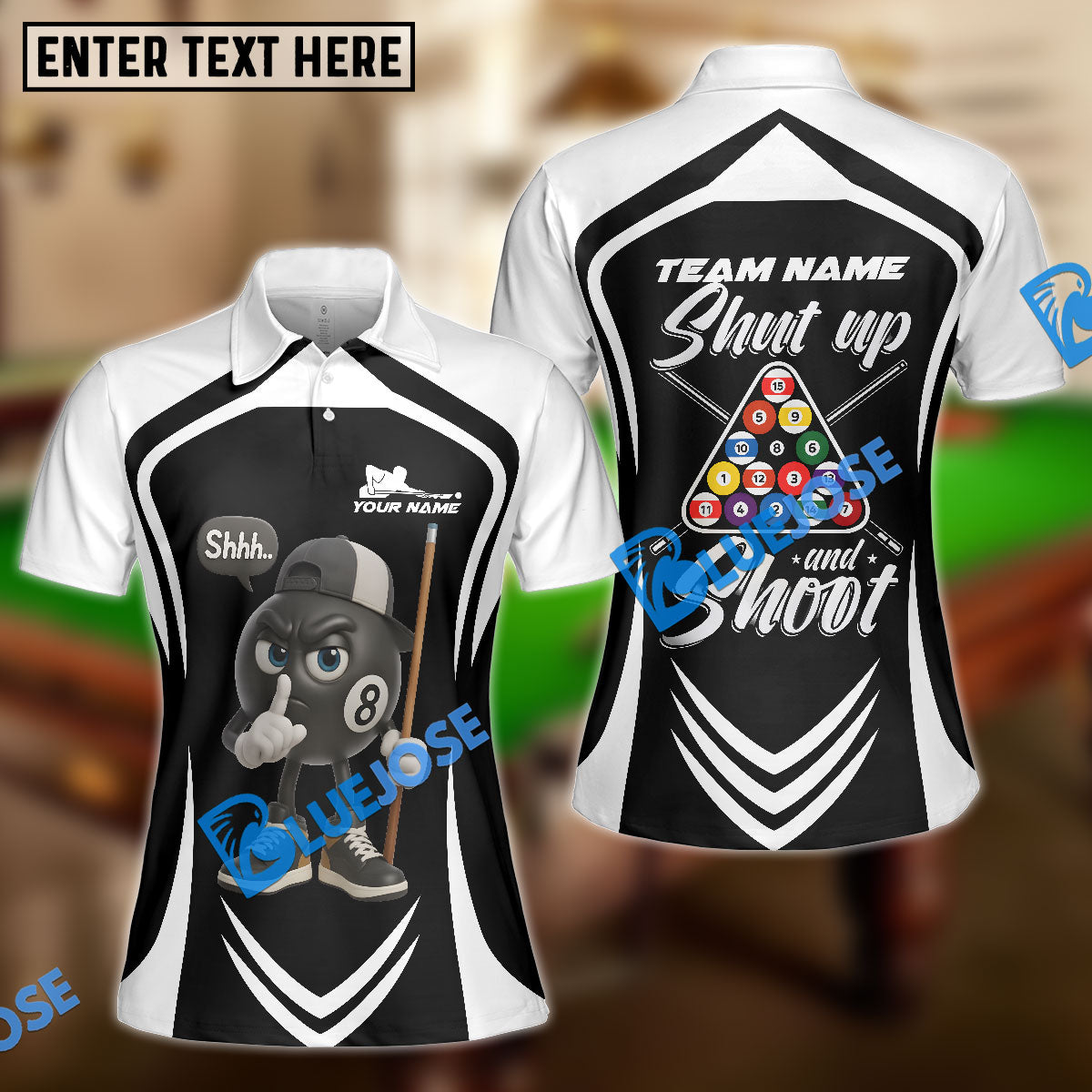 BlueJose Billiards 8-Ball Pool Shut Up and Shoot Ver Triangle Rack Personalized Name, Team Name Unisex Shirt (4 Colors)