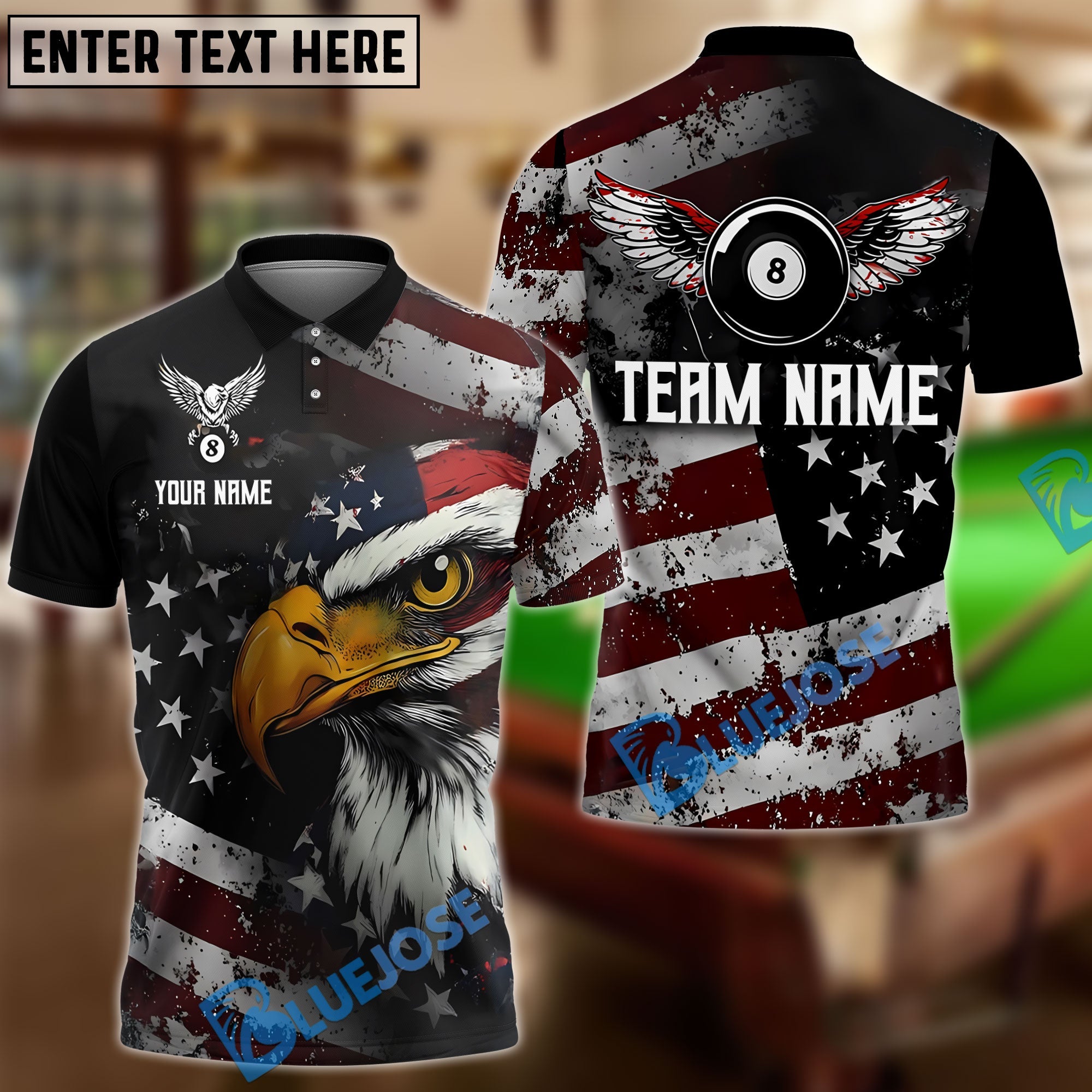 BlueJose Billiards 8 Ball Wings US Flag Patriotic Eagle Personalized Name, Team Name Shirt