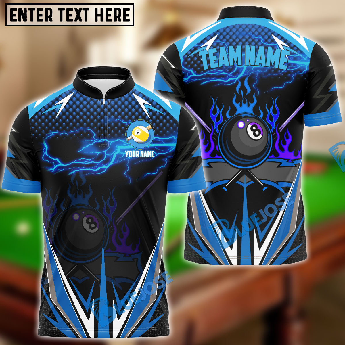 BlueJose Billiards 8 and 9 Ball Blue Fire Personalized Shirt