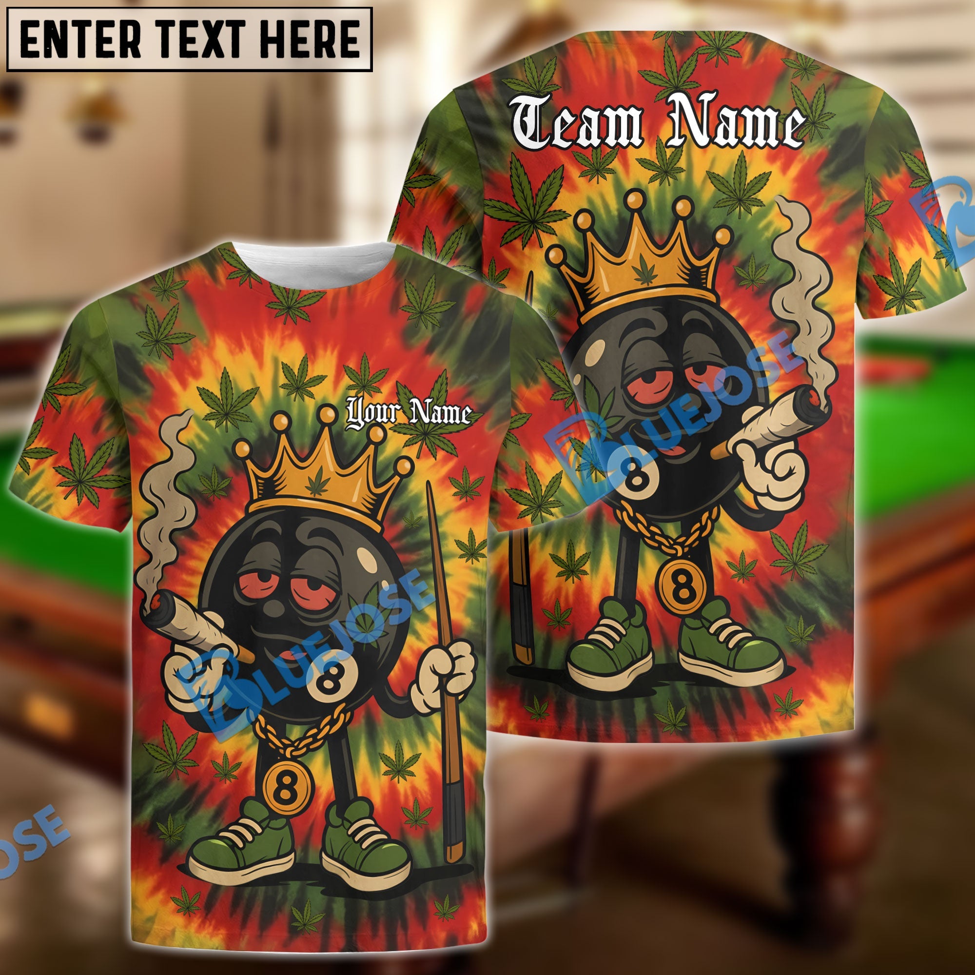 BlueJose Billiards 8 Ball Cartoon Rasta Weed Leaf Personalized Name, Team Name Unisex Shirt (4 Colors)