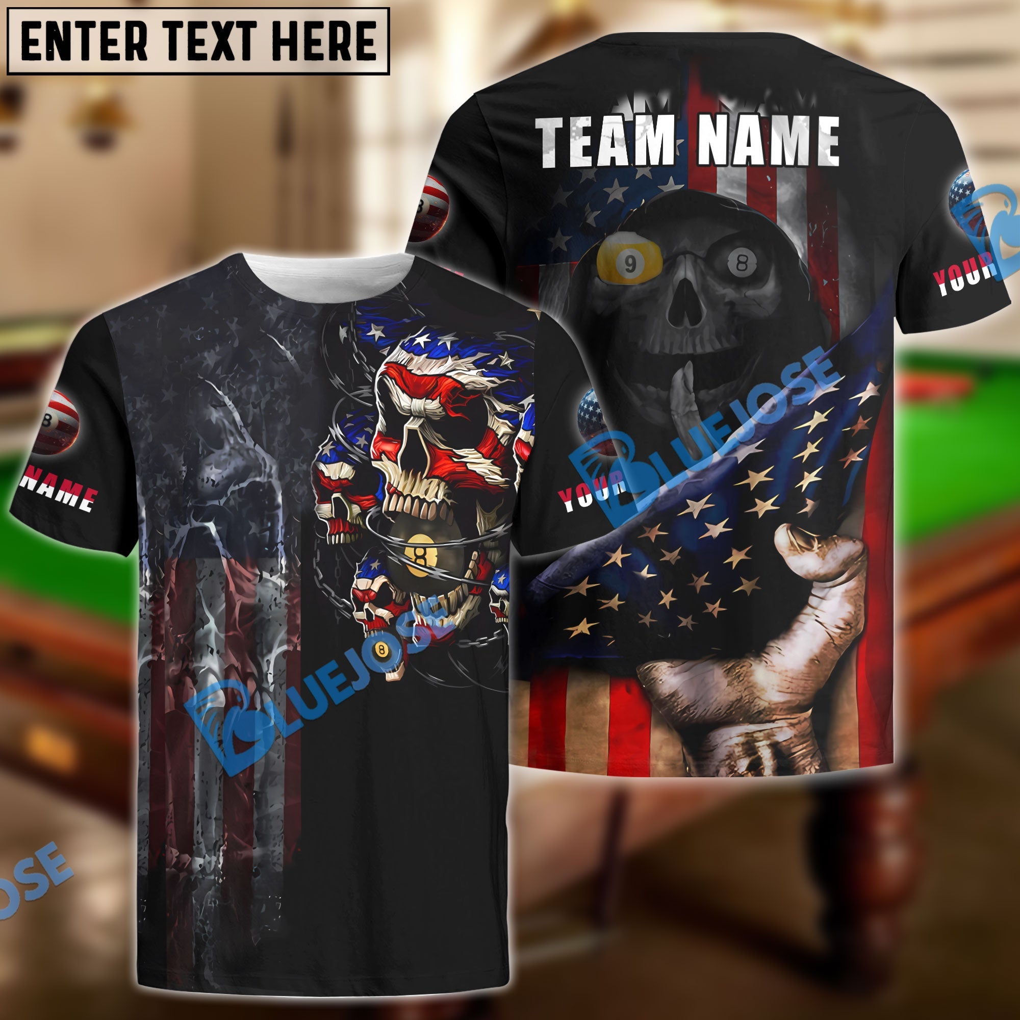 BlueJose Billiards Skull Patriotic Up N Stroke Team Personalized Name 3D Shirt