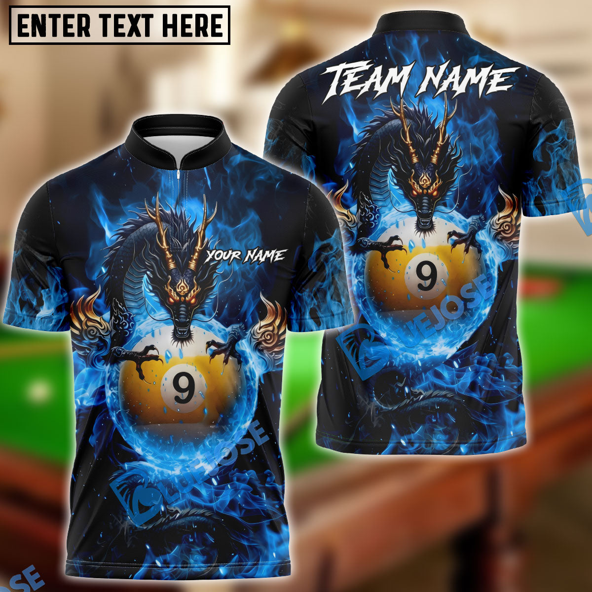 BlueJose Billiards Mystic Dragon Fire Ball 9 Customized Name, Team Name 3D Shirt (6 Colors)