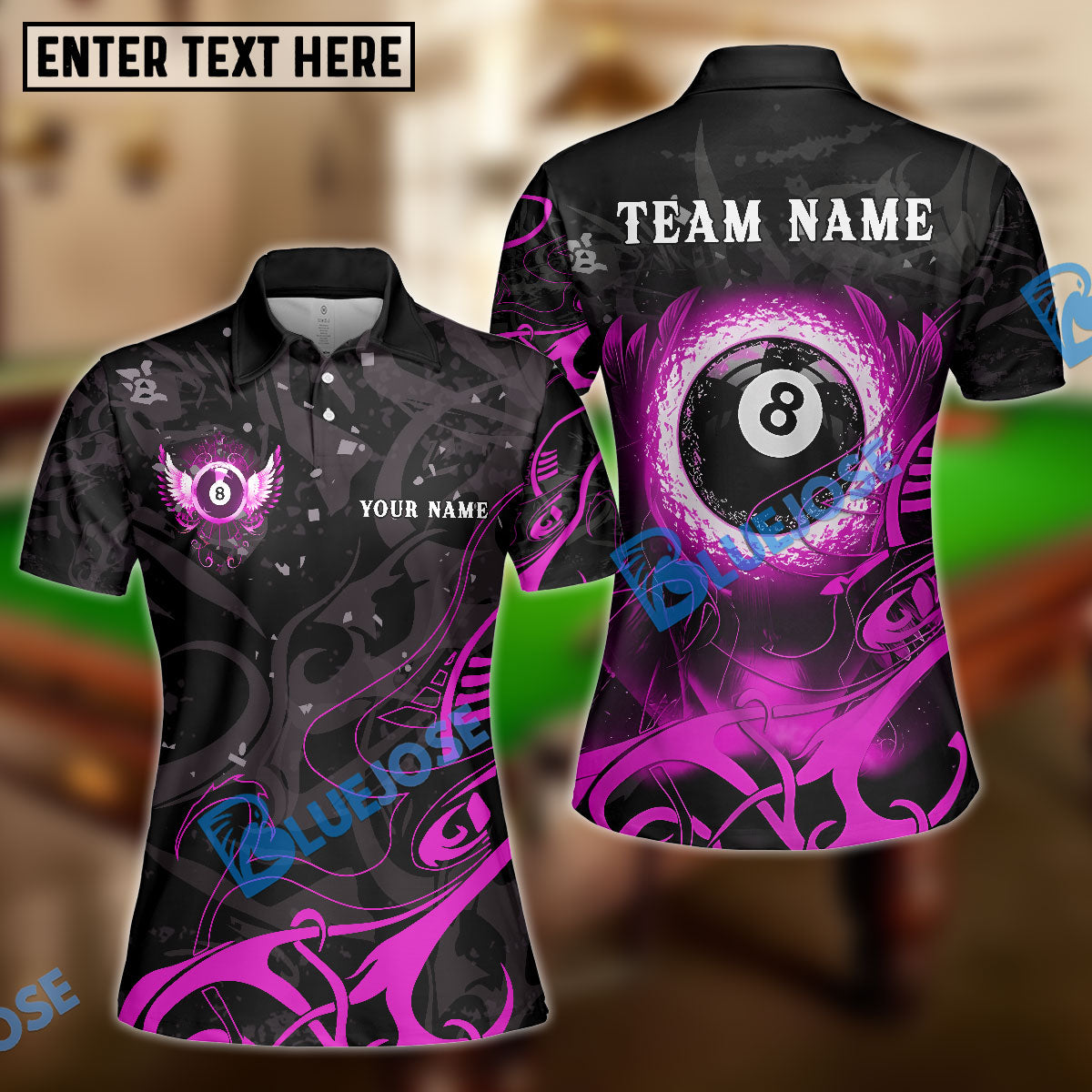 BlueJose Billiards 8 Ball Wing Personalized Name, Team Name Shirt (6 Colors)