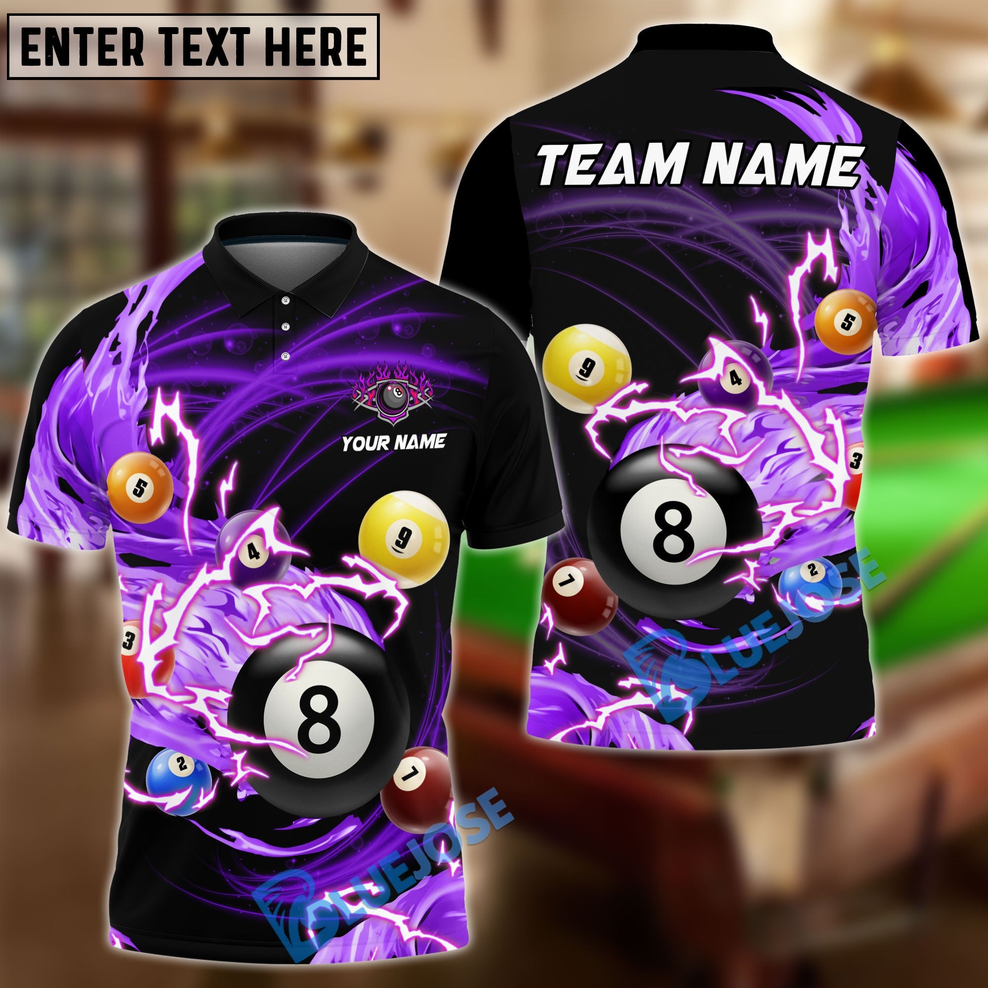 BlueJose Billiards Ball 8 Follow Flame Personalized Name, Team Name Unisex Shirt (6 Colors)