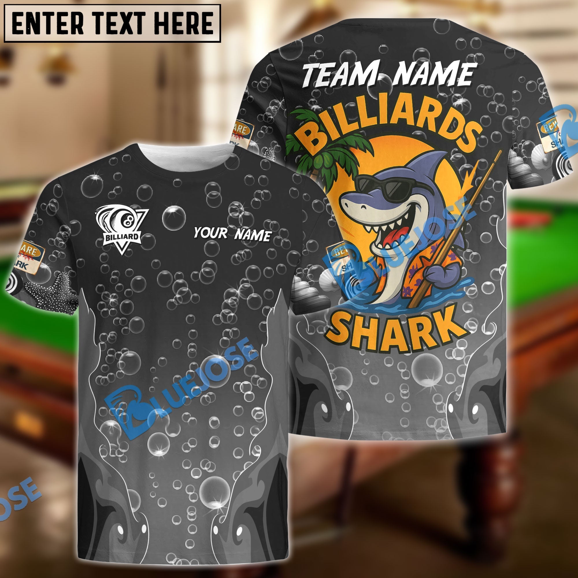 BlueJose Billiards Ball 8 Funny Cartoon Shark, Bubble Design Personalized Name Shirt (4 Colors)