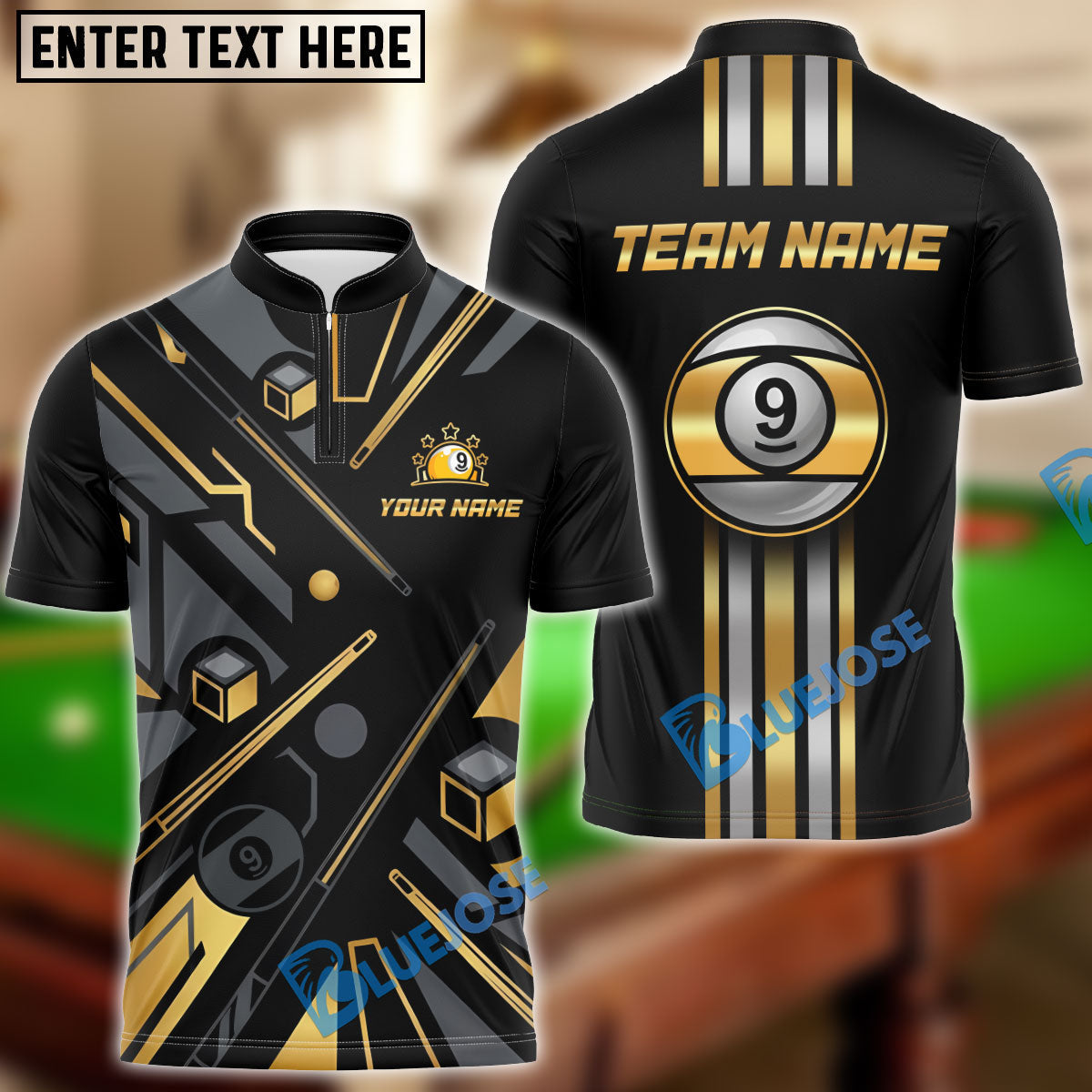 BlueJose Billiards Gold 9 Ball Elite Customized Name, Team Name 3D Shirt (6 Colors)