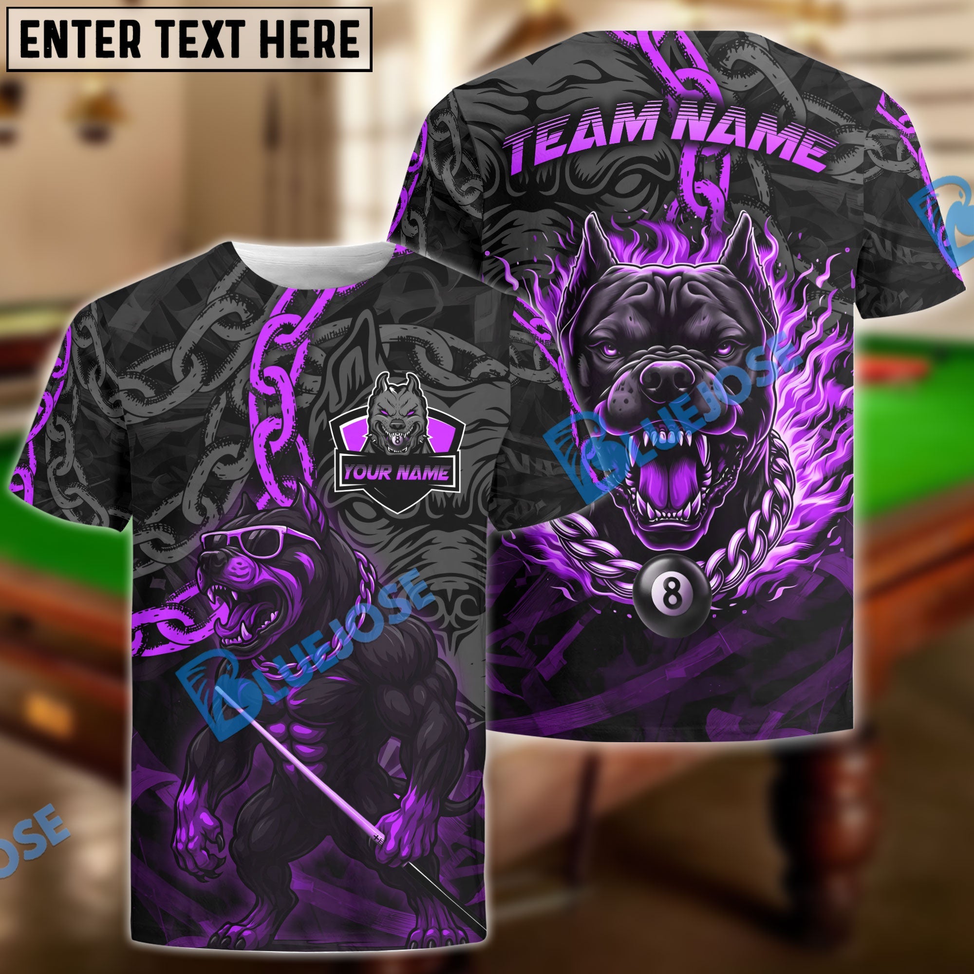 BlueJose Billiards 8-Ball Pitbull Flame Chain Personalized Name Shirt (4 Colors)