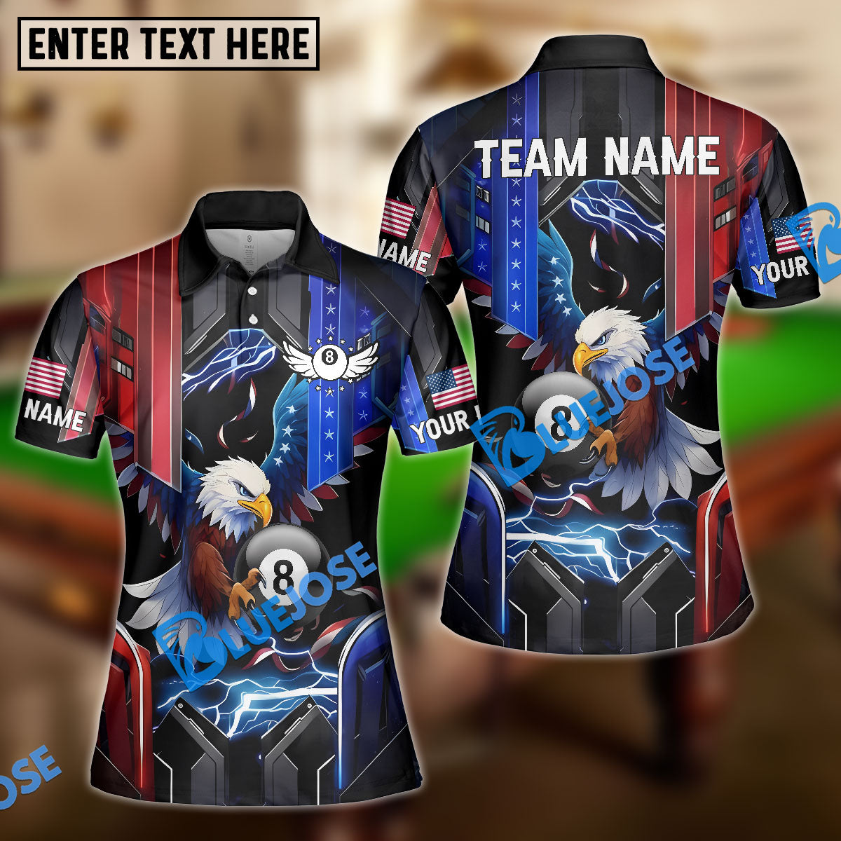 BlueJose Billiards Ball 8 Eagle American Flag Lightning Customized Name, Team Name 3D Shirt