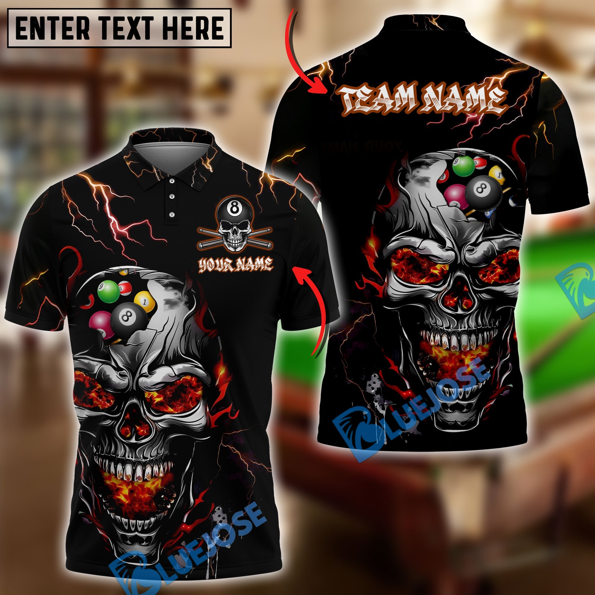 BlueJose Billiards Thunder Lightning Skull Personalized Name Shirt (4 Colors)