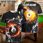 BlueJose Billiards 8 Ball & 9 Ball Smoke Flame Personalized Name Shirt (4 Colors)