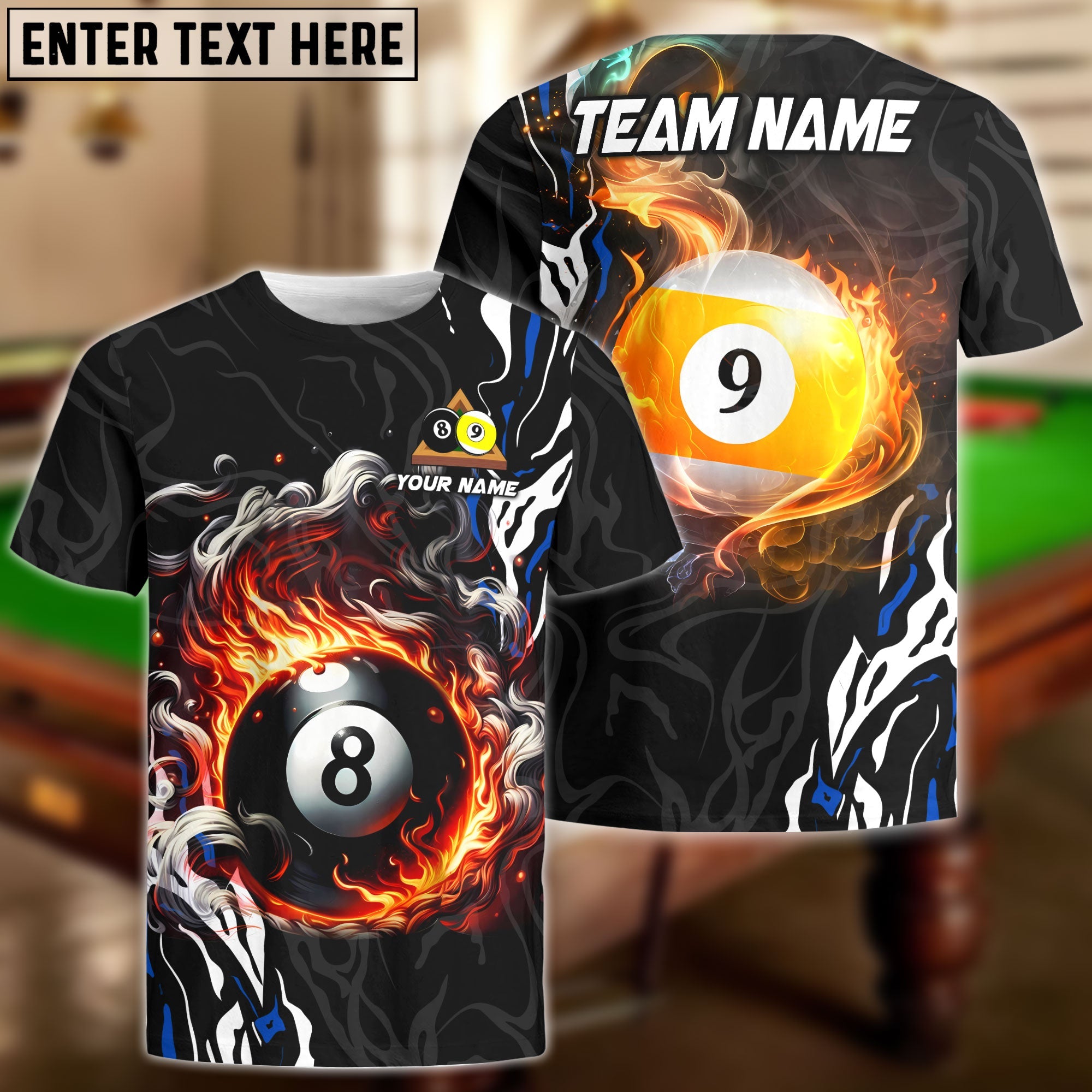 BlueJose Billiards 8 Ball & 9 Ball Smoke Flame Personalized Name Shirt (4 Colors)