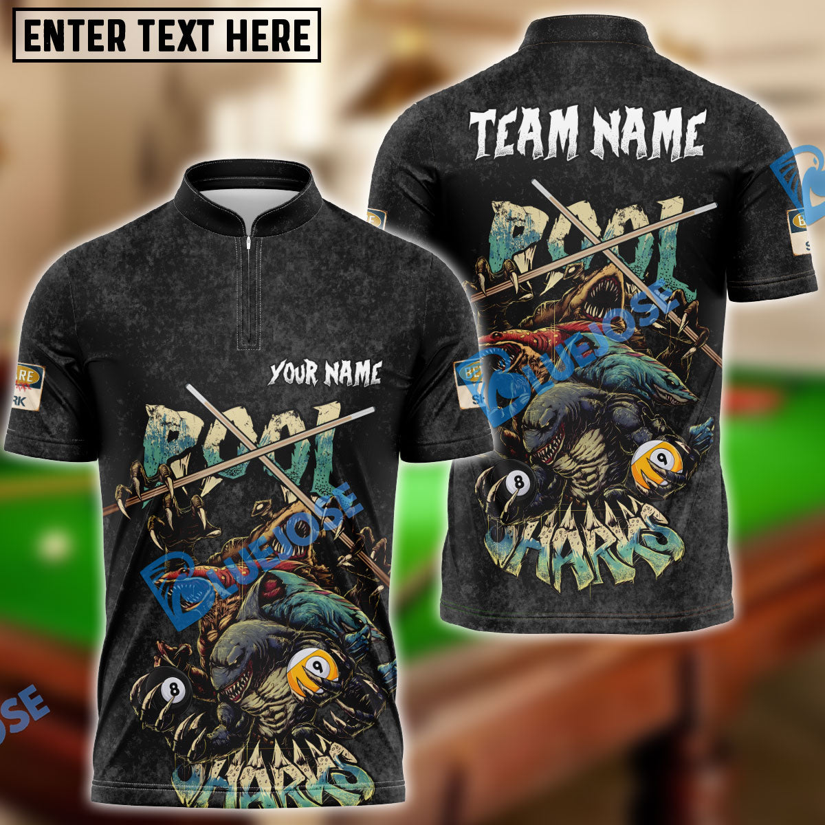 BlueJose Billiards Ball 8 & 9 Pool Sharks Washed Pattern Personalized Name Shirt (4 Colors)