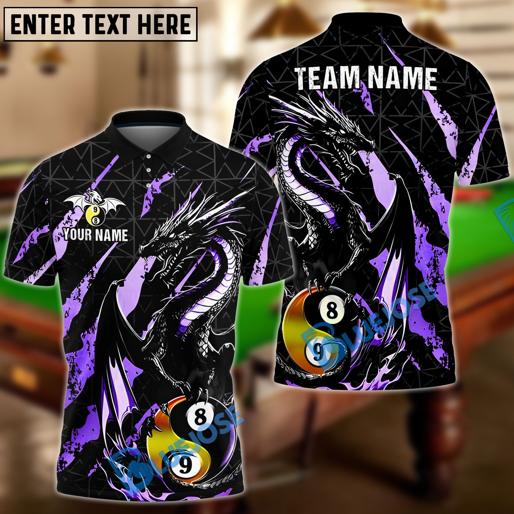 BlueJose Billiards Ball 8&9 Yinyang Golden Fury Dragon Personalized Name Shirt (4 Colors)