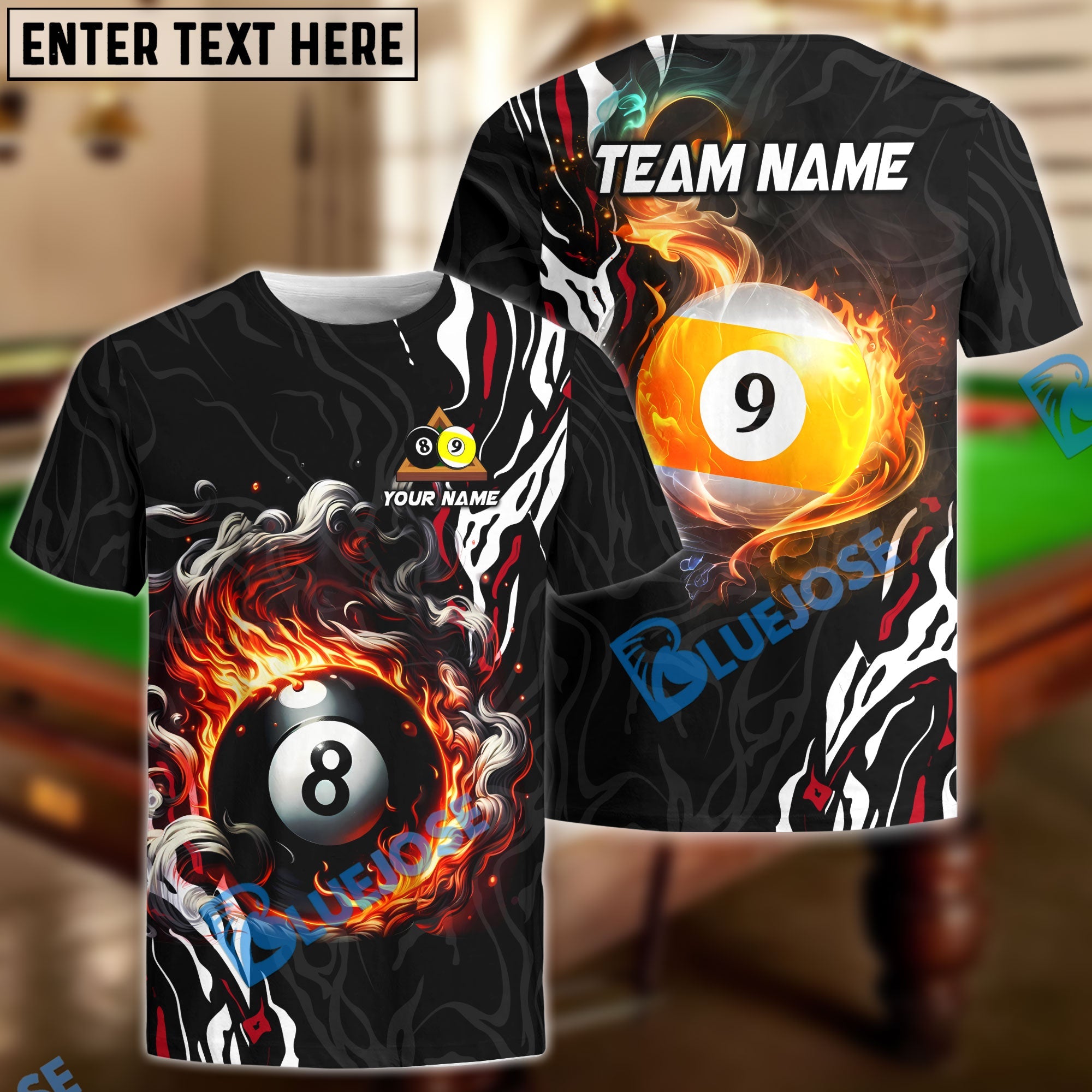 BlueJose Billiards 8 Ball & 9 Ball Smoke Flame Personalized Name Shirt (4 Colors)