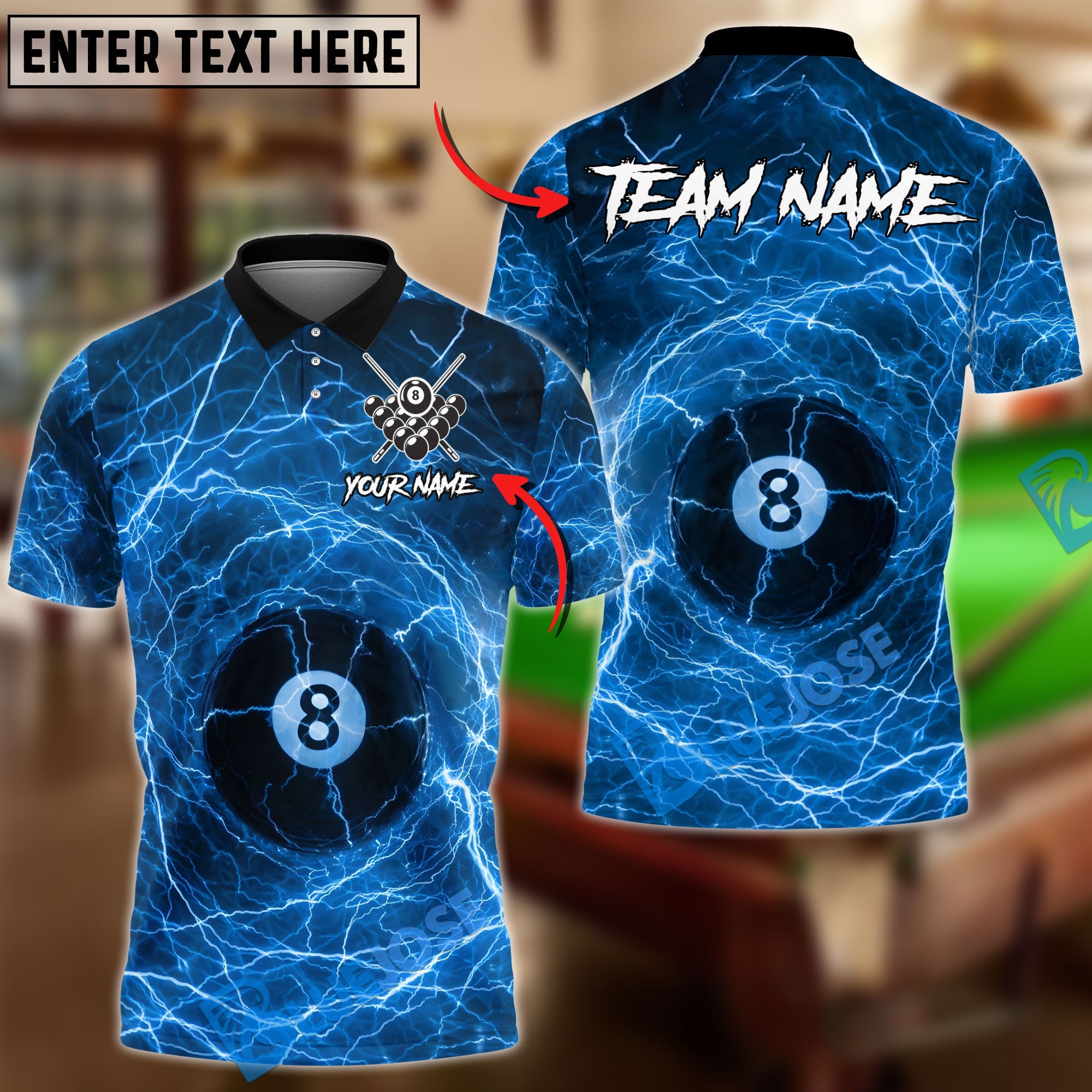 BlueJose Billiards 8 Ball Lightning Pattern Personalized Name, Team Name Unisex Shirt (4 Colors)