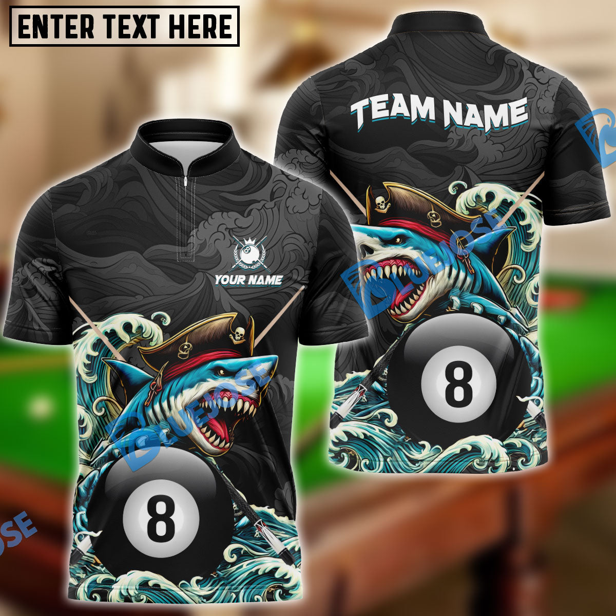 BlueJose Billiards Shark Pirate Personalized Name Shirt (6 Colors)