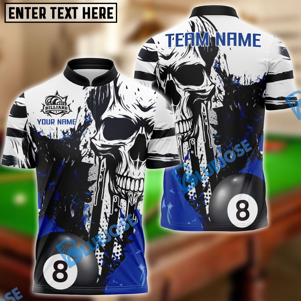 BlueJose Billiards Ball 8 Pool Skull Splash Personalized Name Shirt (4 Colors)
