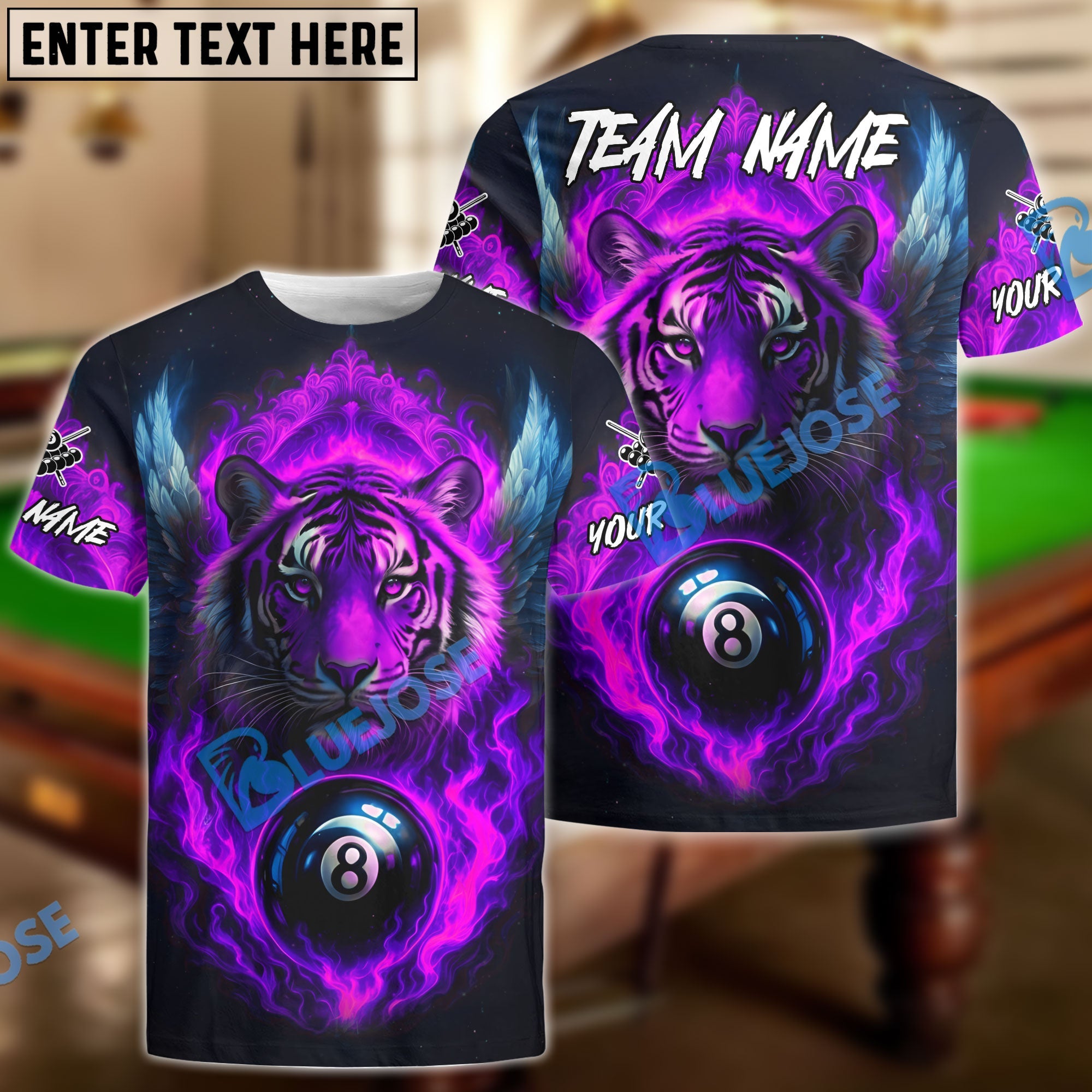 BlueJose Billiards 8 Ball Wings Fiery Tiger Personalized Name, Team Name Unisex Shirt (4 Colors)