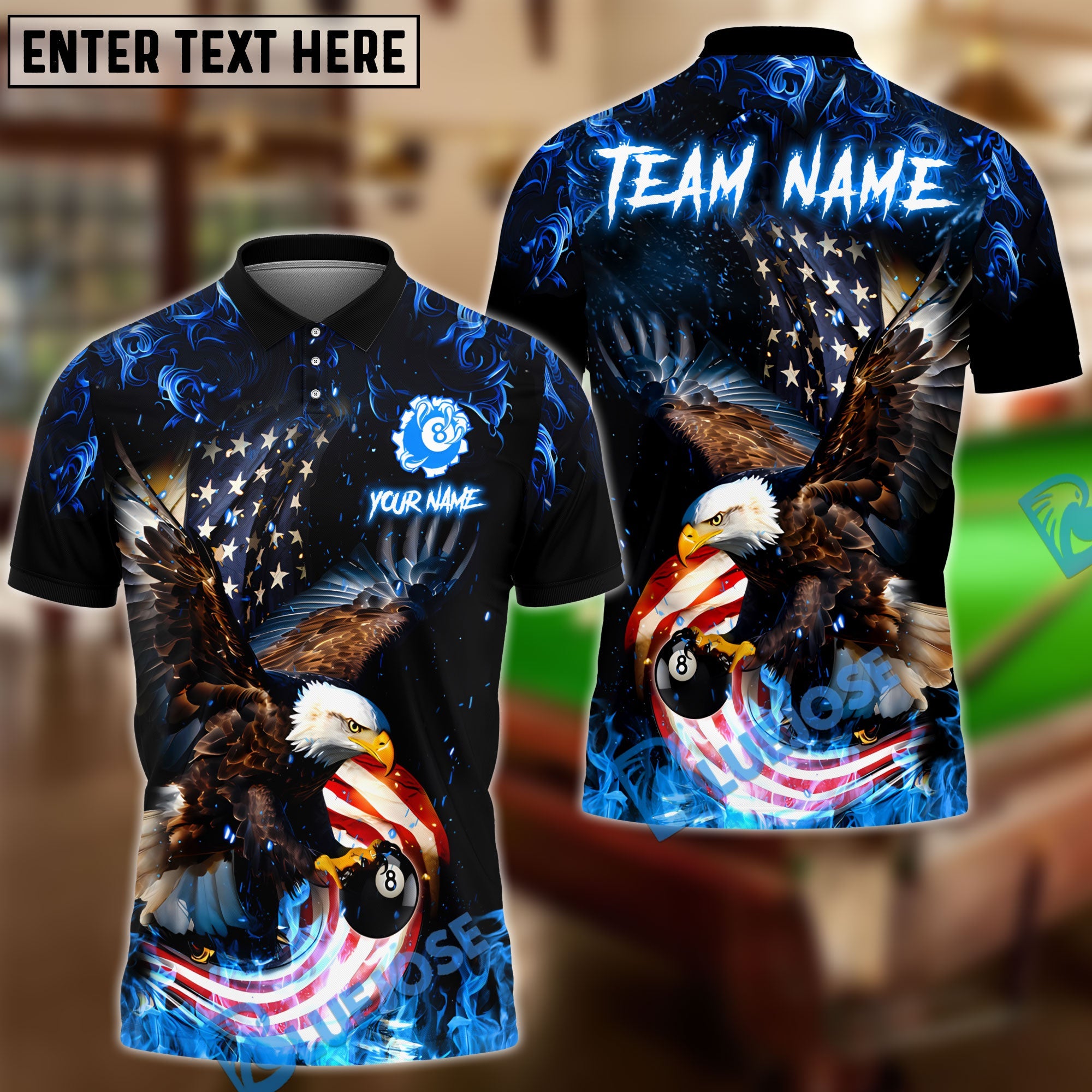 BlueJose Billiard 8 Ball Eagle Fire Flame Personalized Name Shirt (4 Colors)