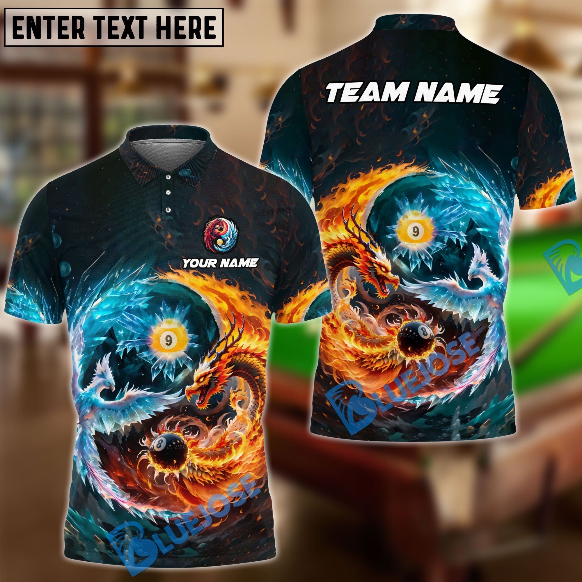 BlueJose Billiards 8 Ball & 9 Ball Fire Dragon And Ice Phoenix Personalized Name, Team Name Unisex Shirt