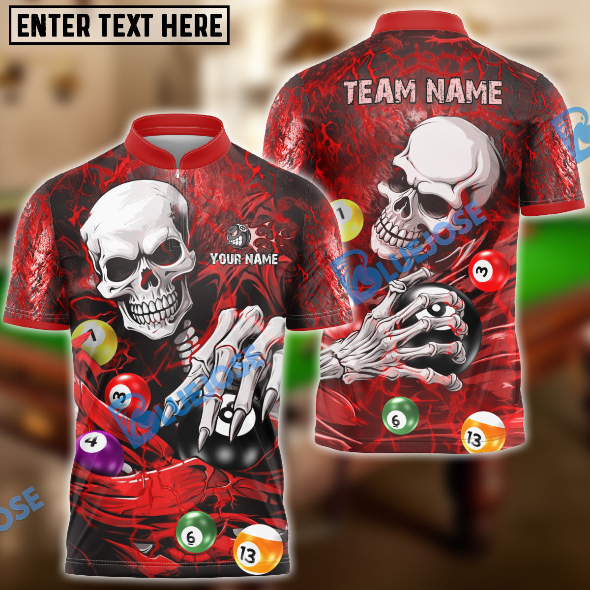 BlueJose Billiards Ball 8 Skull Lightning Personalized Name & Team Name Shirt (4 Colors)