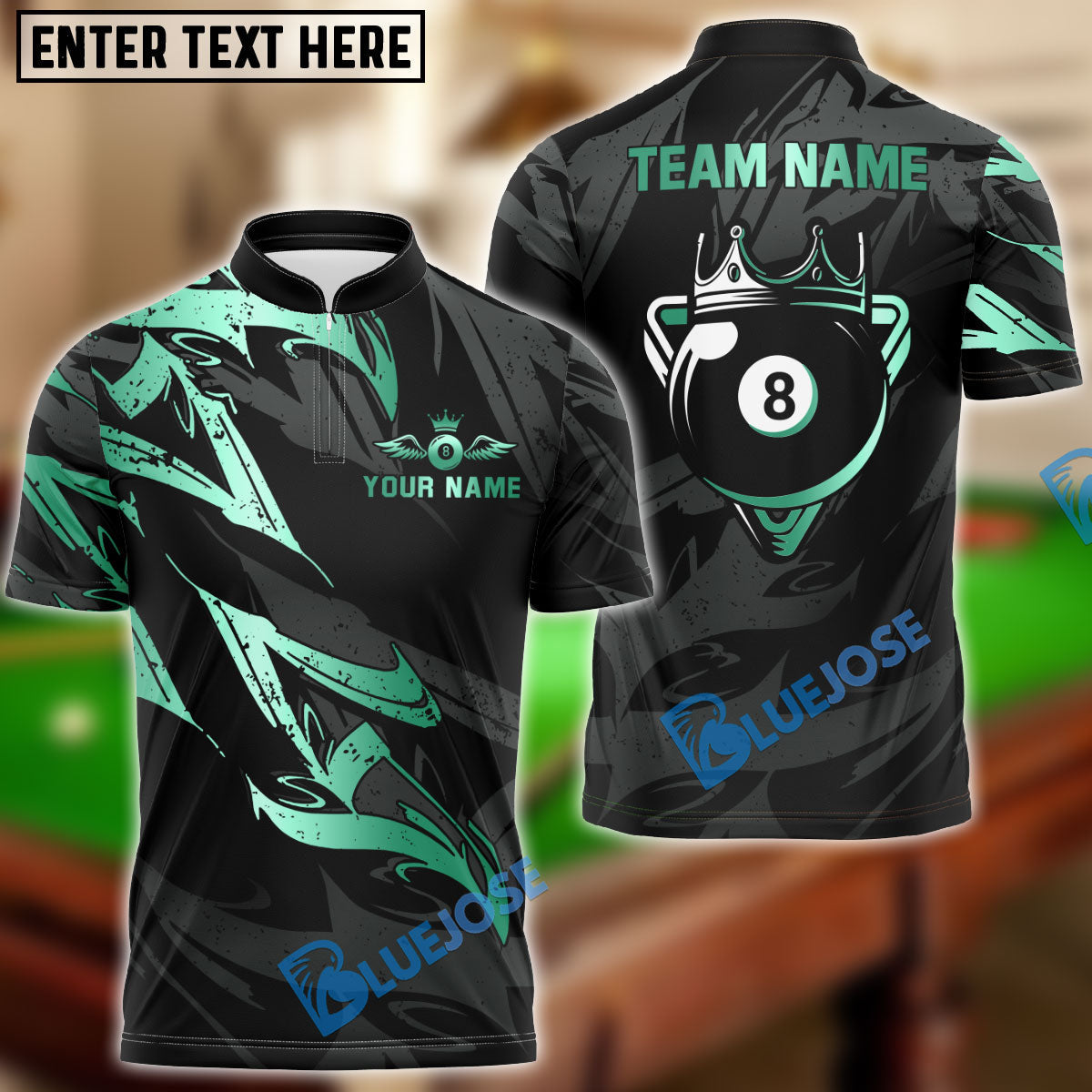 BlueJose Billiards Ball 8 King Golden Premium Personalized Name, Team Name Shirt (4 Colors)