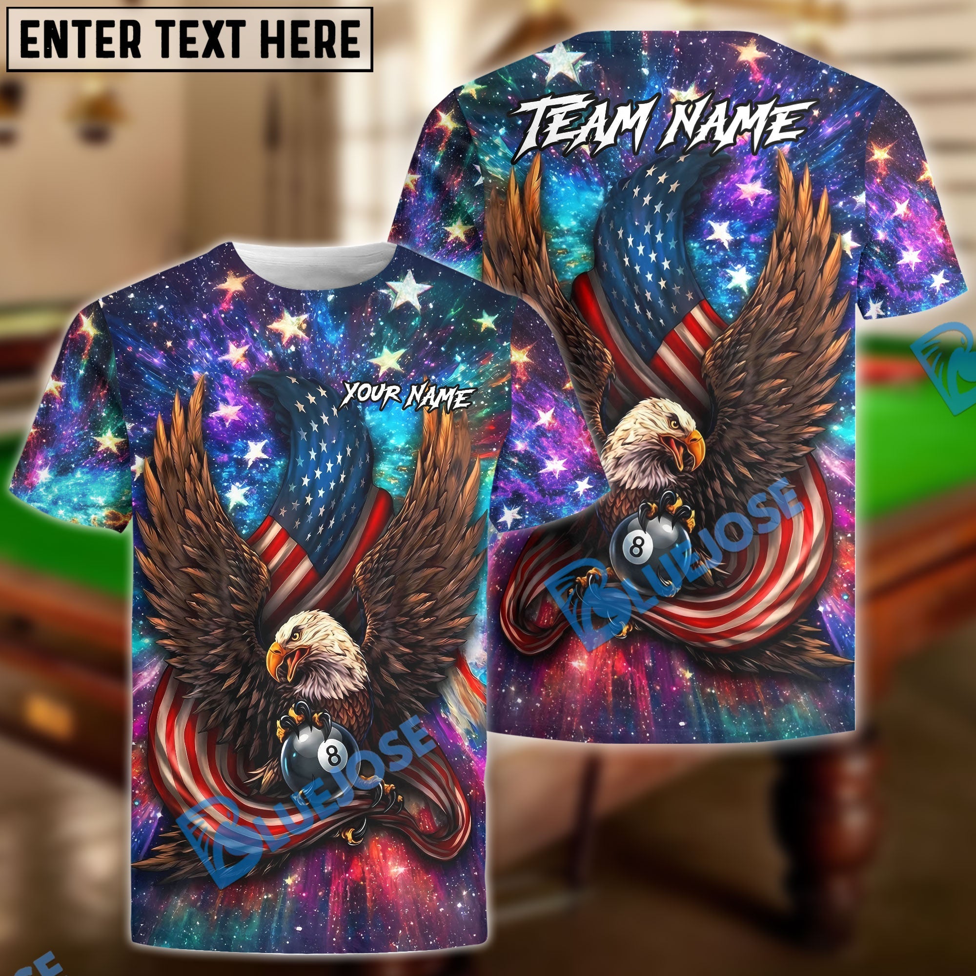 BlueJose Billiards Eagle Patriot Power US Flag 8 Ball Personalized Shirt