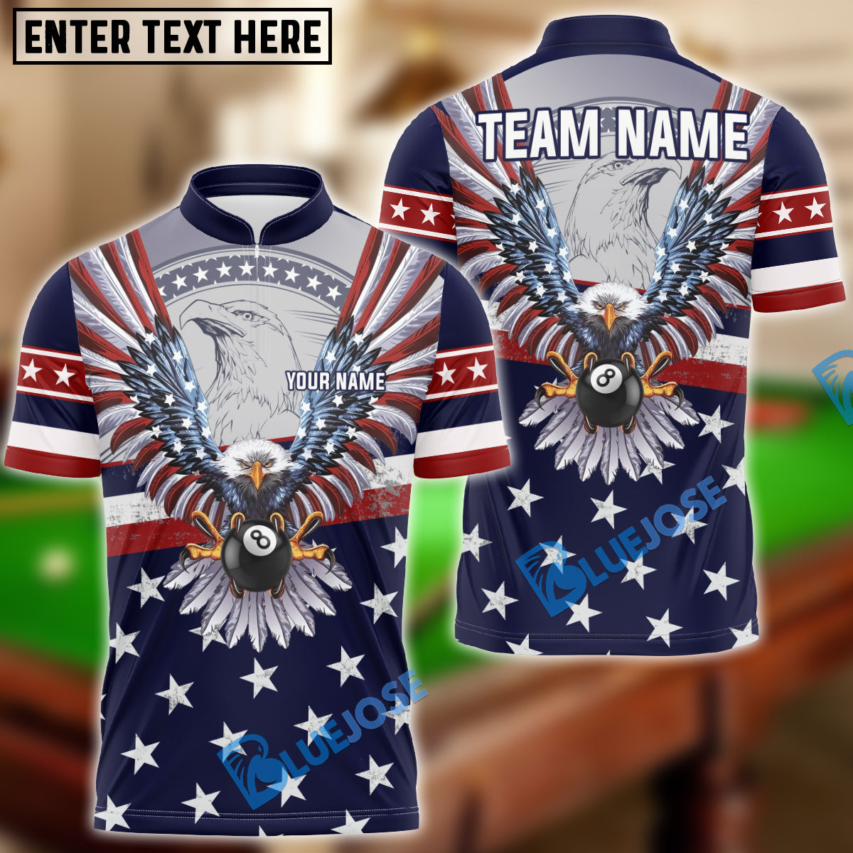 BlueJose Billiards Ball 8 Mighty American Eagle Personalized Name, Team Name Unisex Shirt