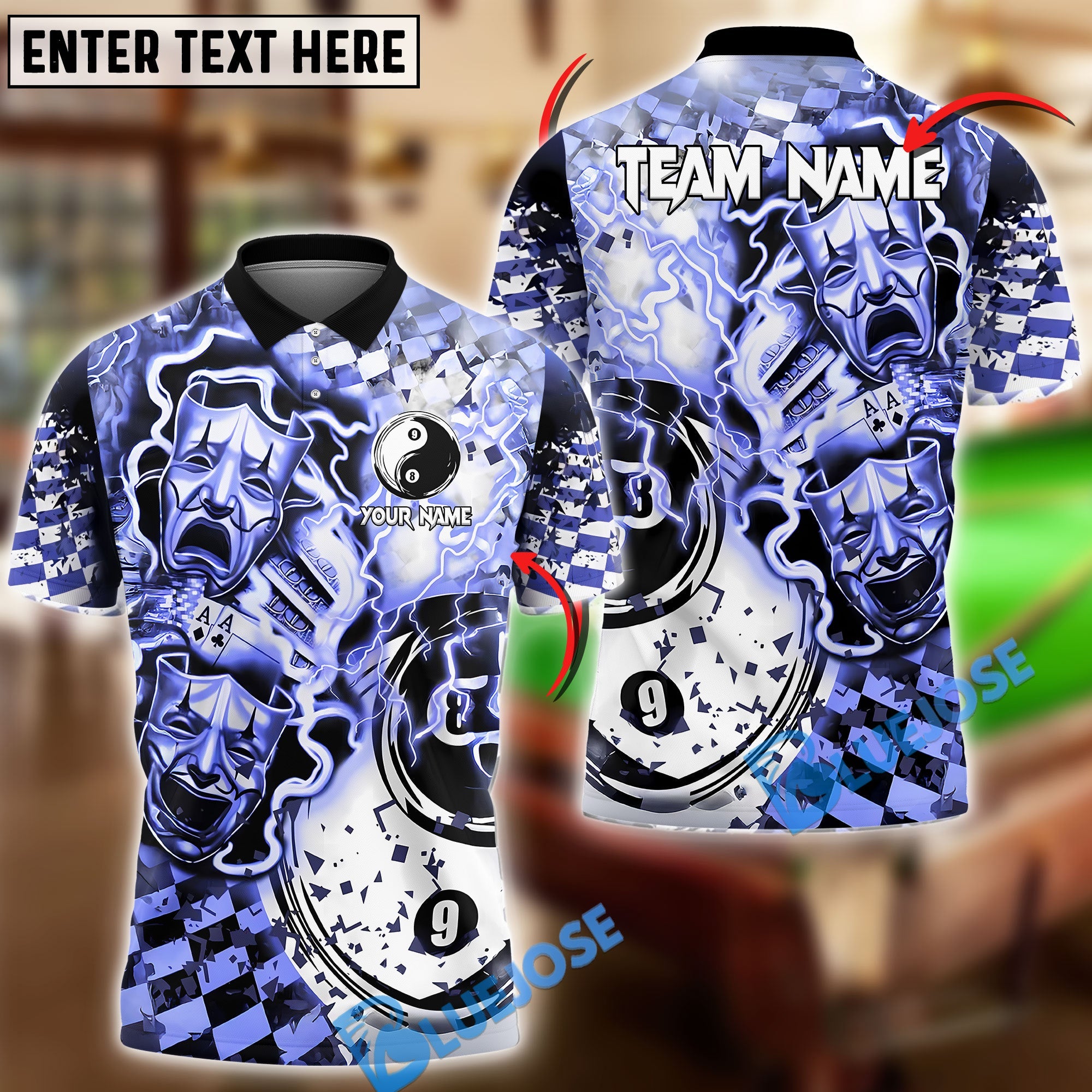 BlueJose Billiards Yinyang Ball 8 & Ball 9 Electric Theatrical Personalized Name Team Name Unisex Shirt (4 Colors)