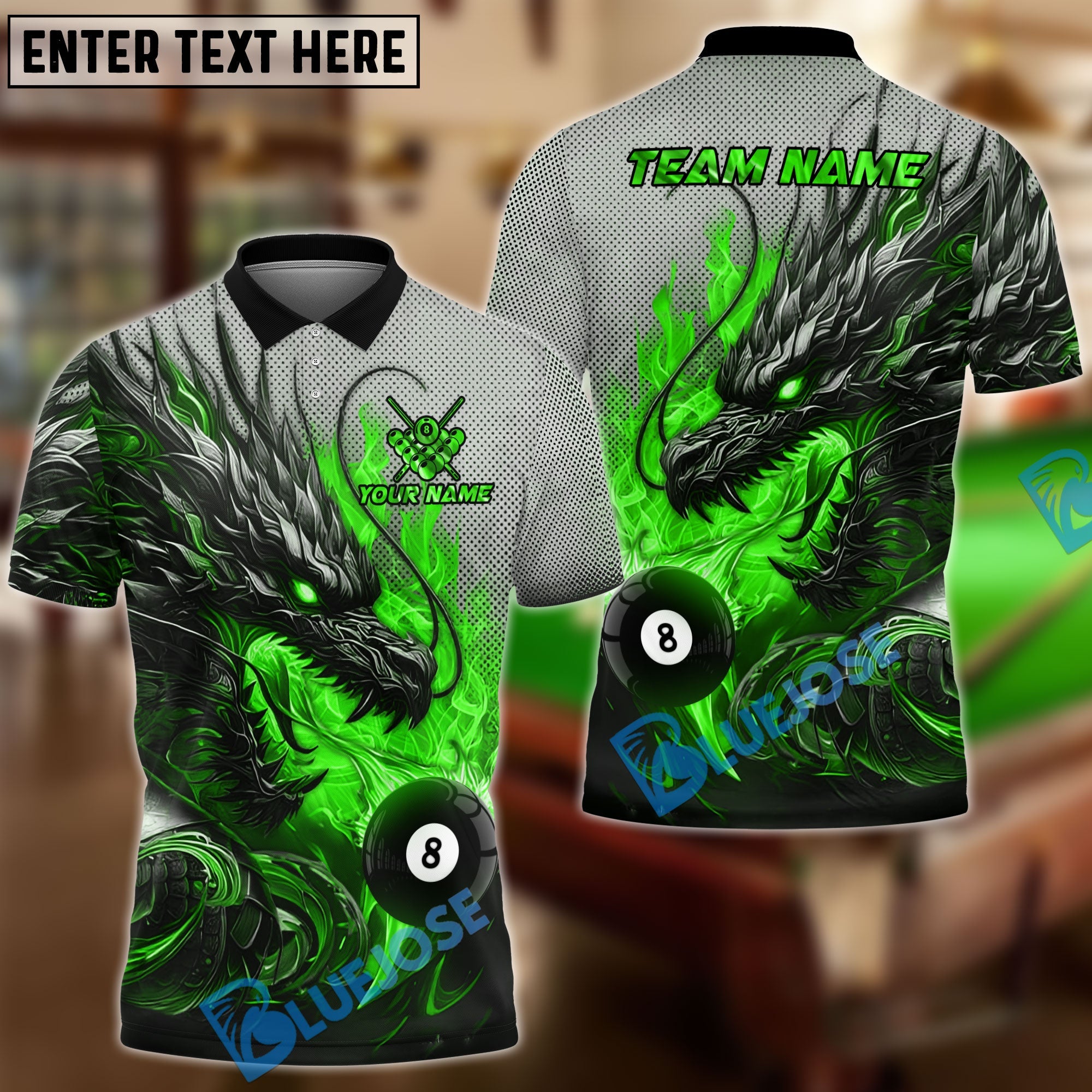 BlueJose Billiards Ball 8 Burning Fire Dragon Personalized Name Team Name Unisex Shirt (4 Colors)