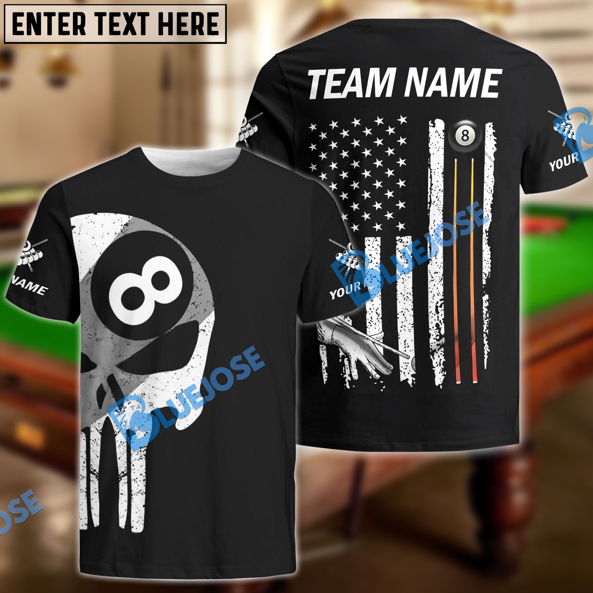 BlueJose Billiards Ball 8 Skull American Flag Customized Name, Team Name 3D Shirt