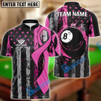 BlueJose Billiards Pink Ribbon with 8-Ball and Flag Breast Cancer Awareness Customized Name, Team Name 3D Shirt