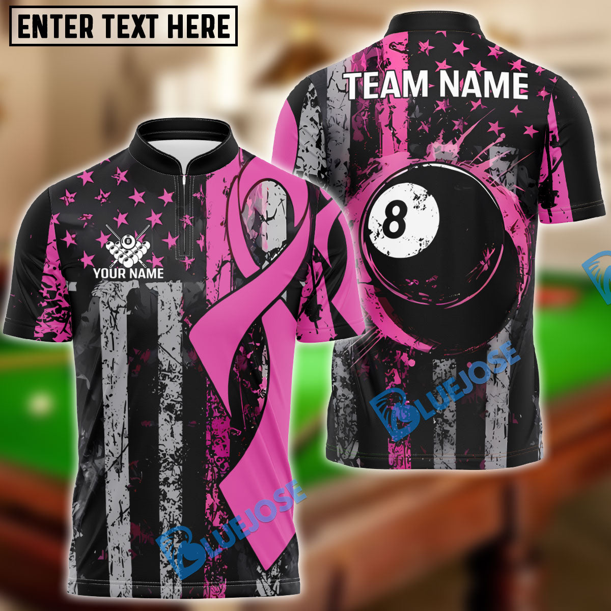 BlueJose Billiards Pink Ribbon with 8-Ball and Flag Breast Cancer Awareness Customized Name, Team Name 3D Shirt