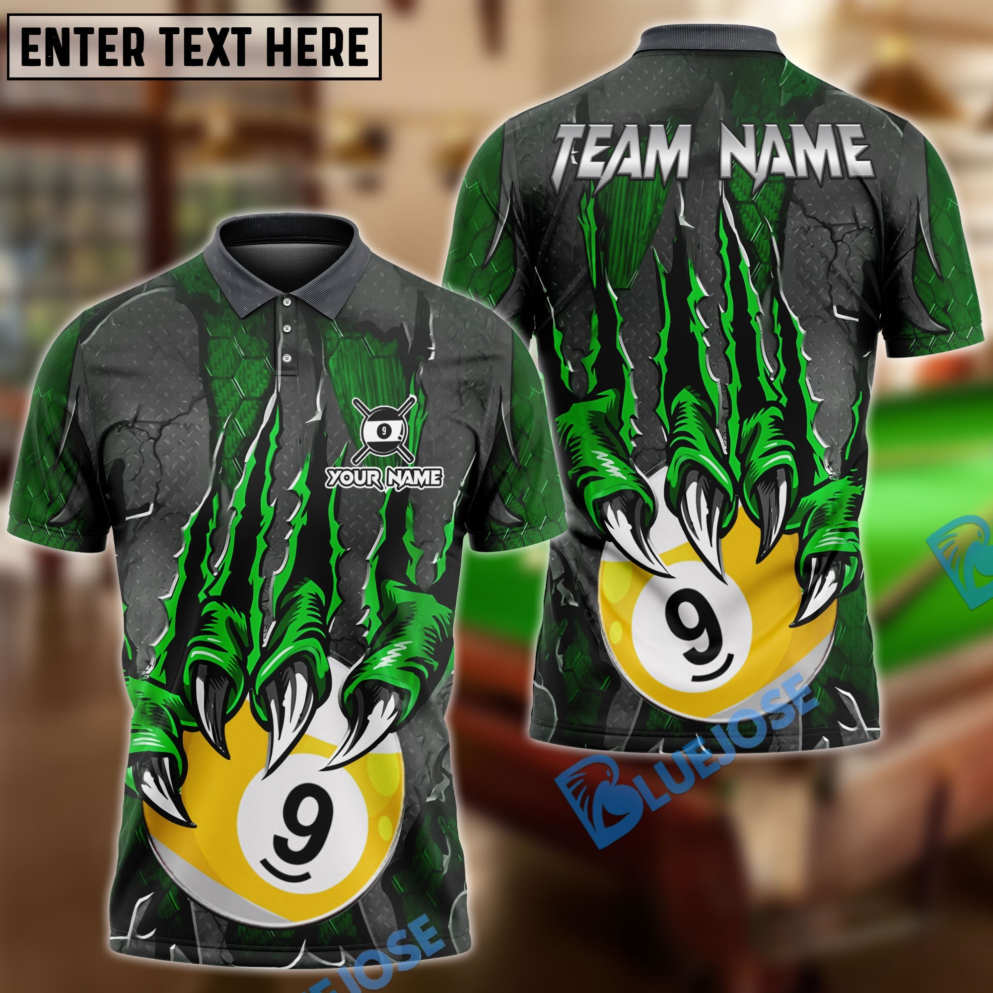 BlueJose Billiards Ball 9 Monster Hand Personalized Name Shirt (4 Colors)